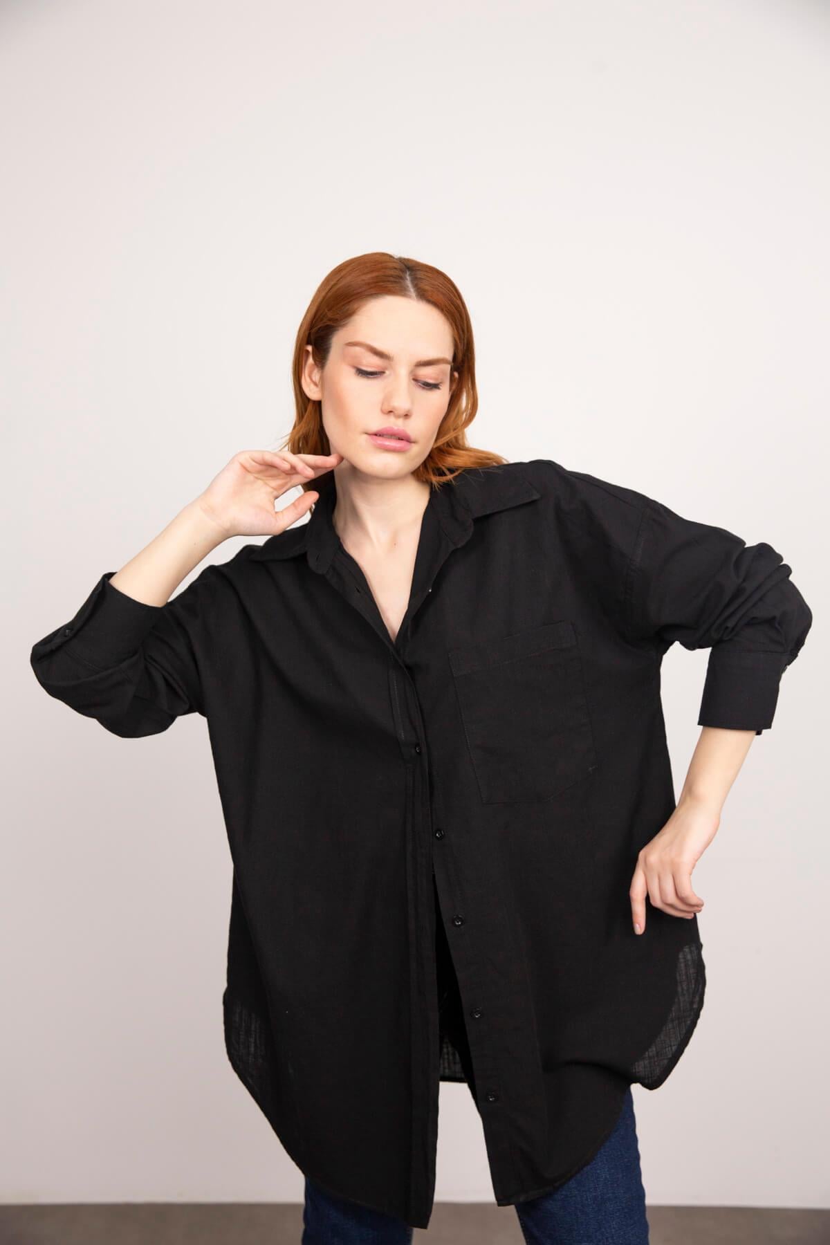 Siyah Oversize Keten Gömlek