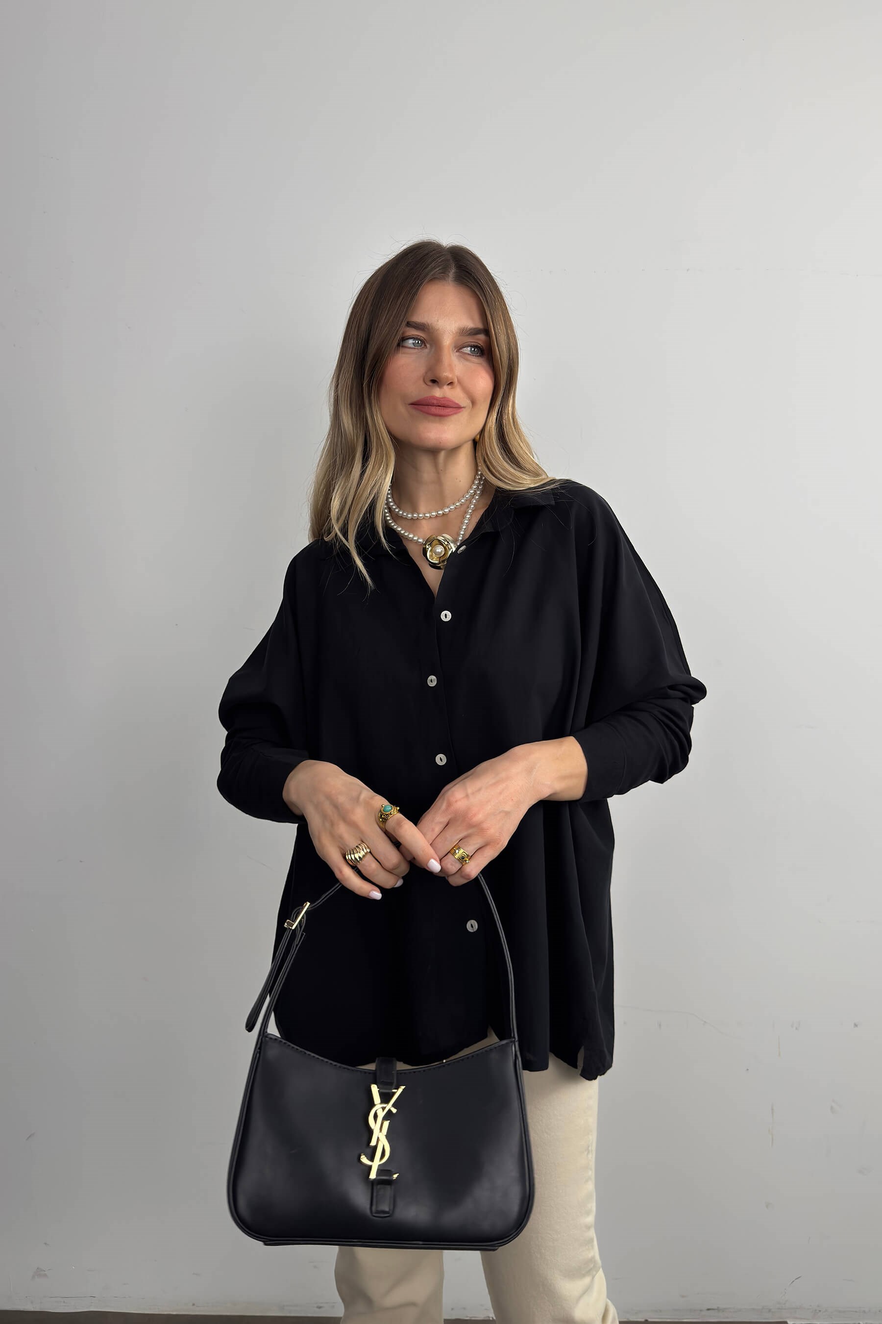 Siyah Oversize Keten Gömlek