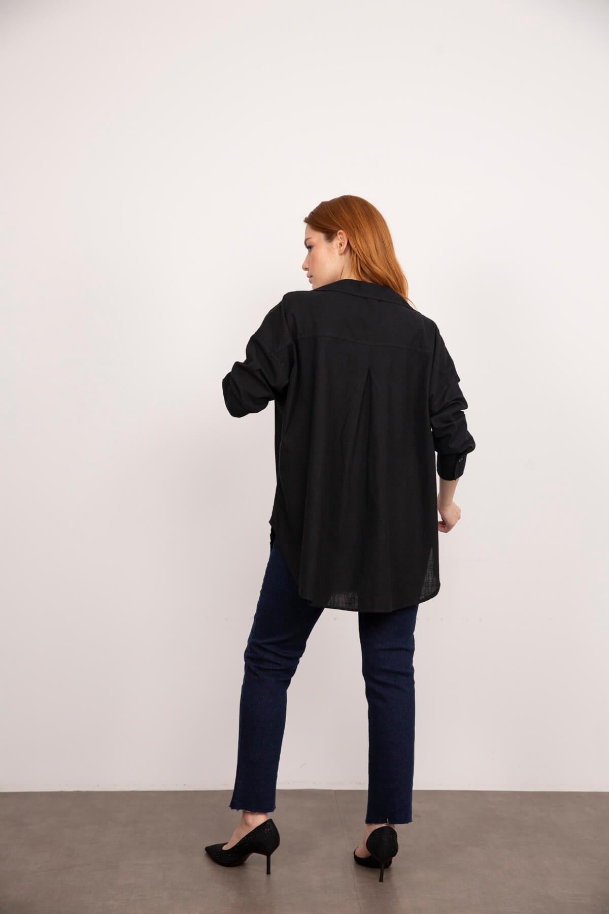 Siyah Oversize Keten Gömlek