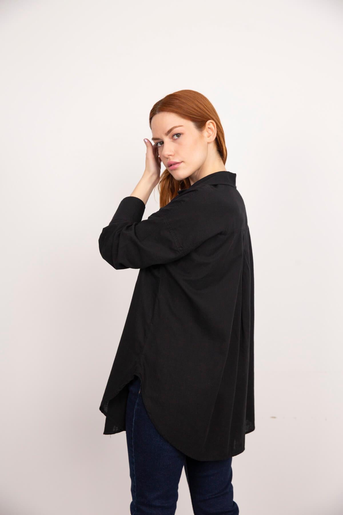 Siyah Oversize Keten Gömlek