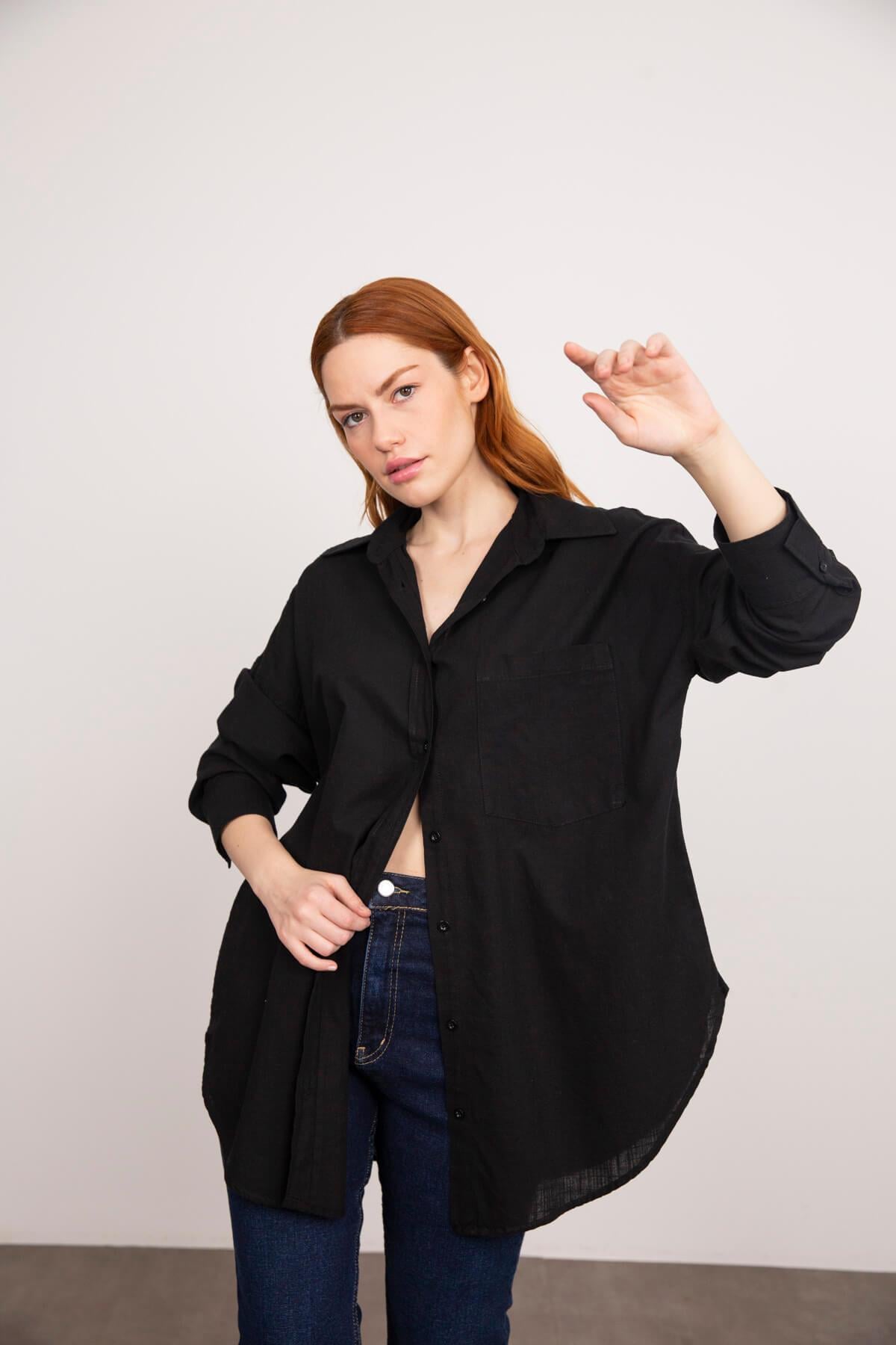 Siyah Oversize Keten Gömlek