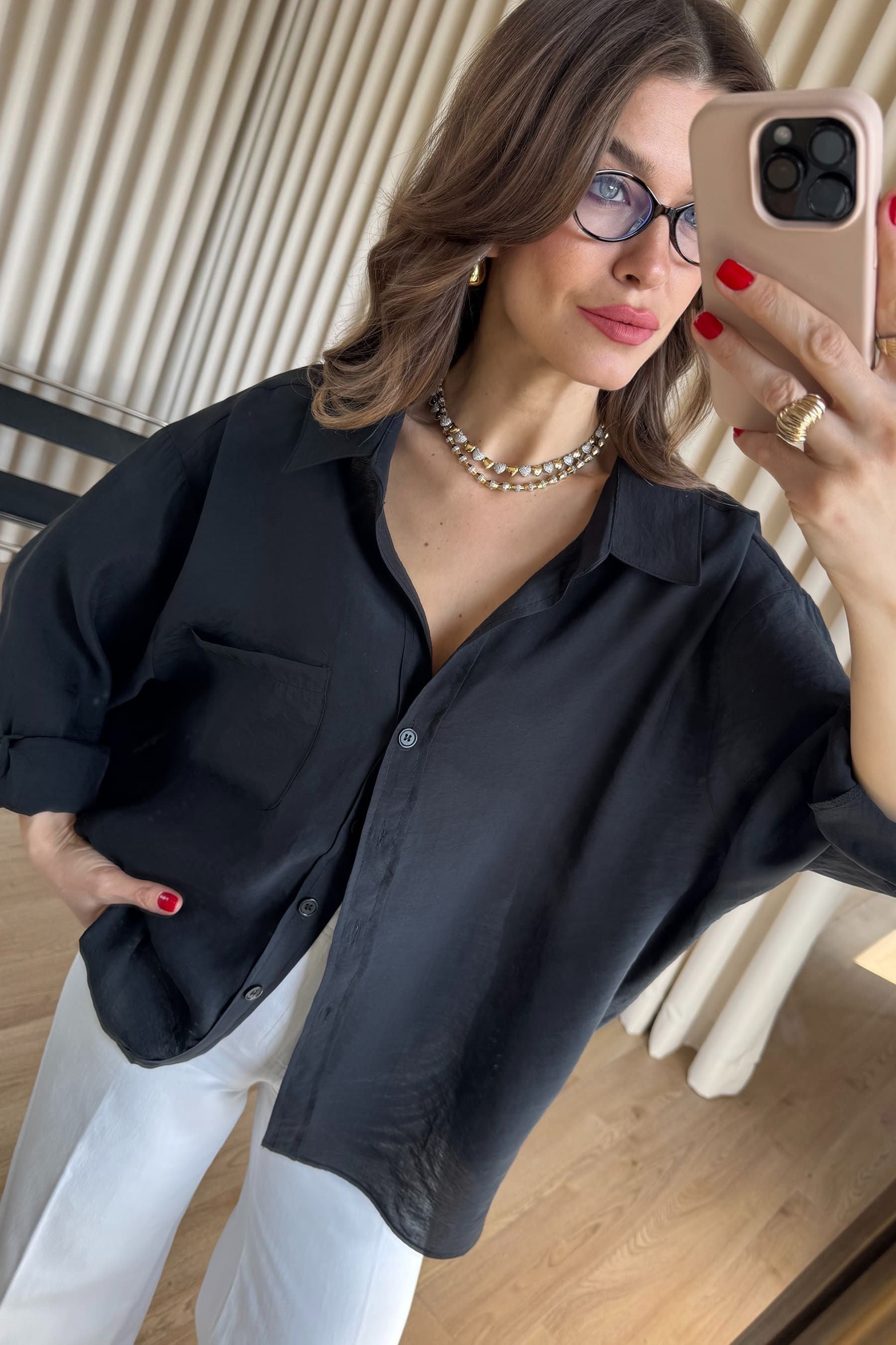 Siyah Oversize Modal Kumaş Gömlek