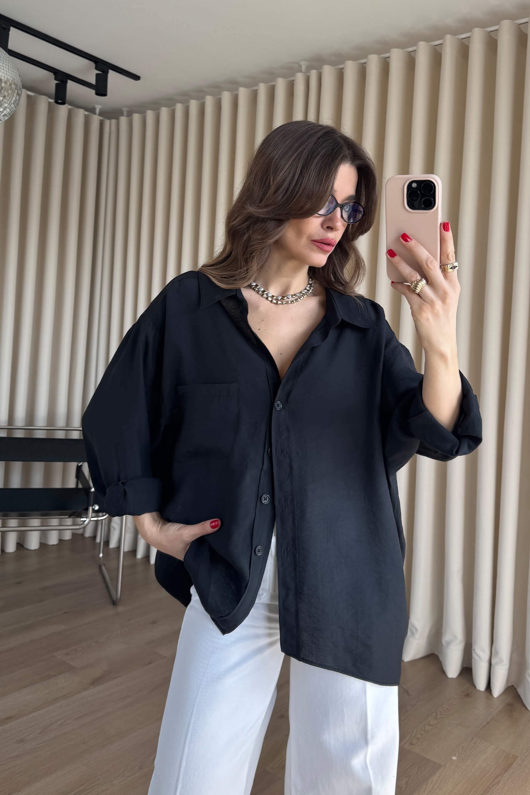 Siyah Oversize Modal Kumaş Gömlek
