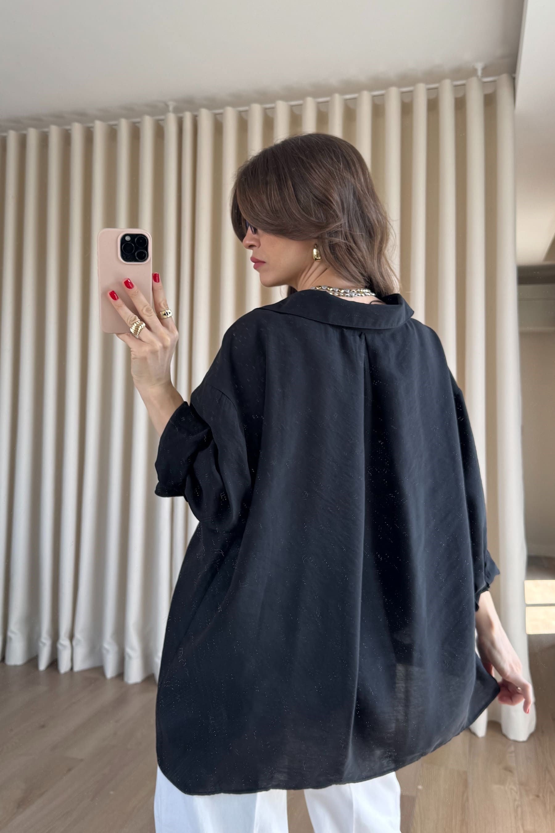 Siyah Oversize Modal Kumaş Gömlek