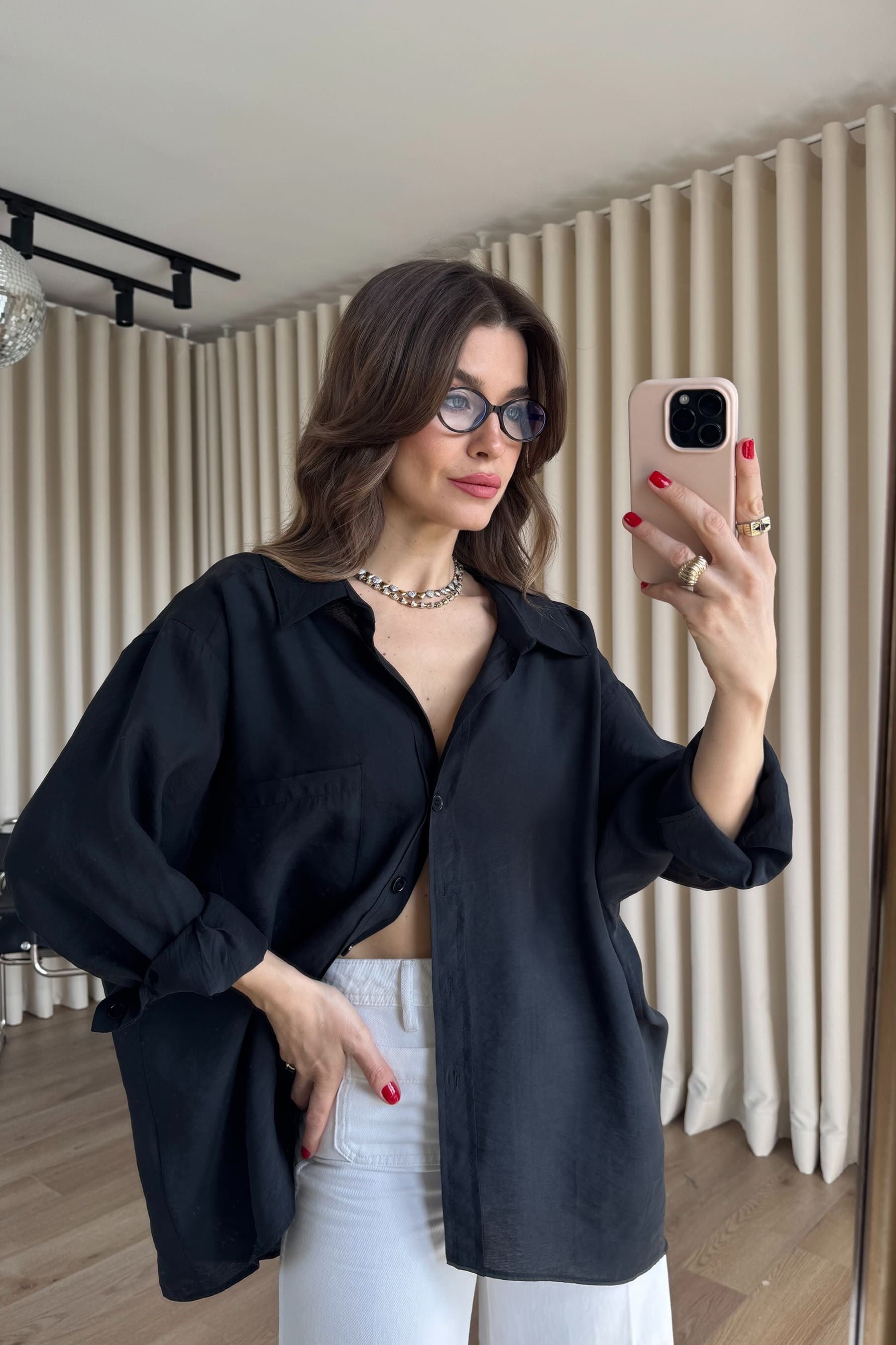 Siyah Oversize Modal Kumaş Gömlek