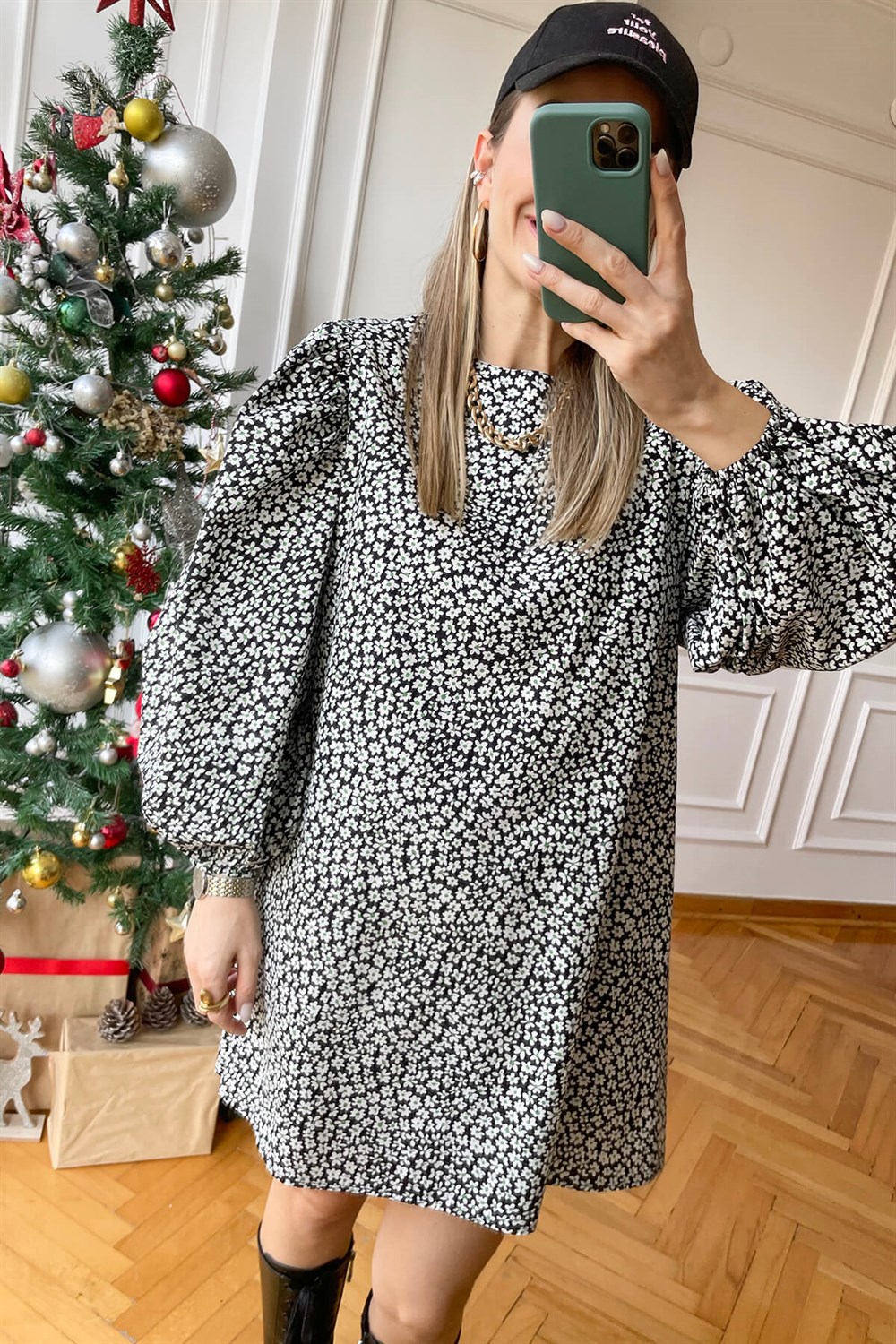 Siyah Papatya Desen Poplin Elbise