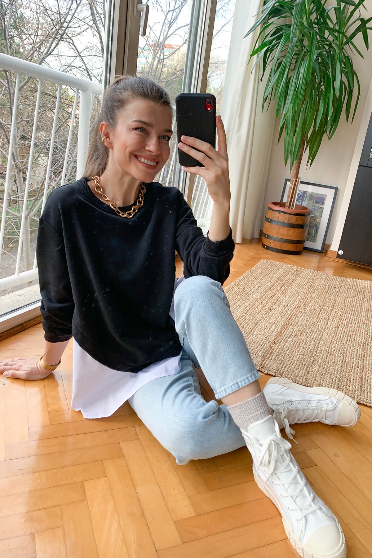 Siyah Poplin Detay Sweatshirt