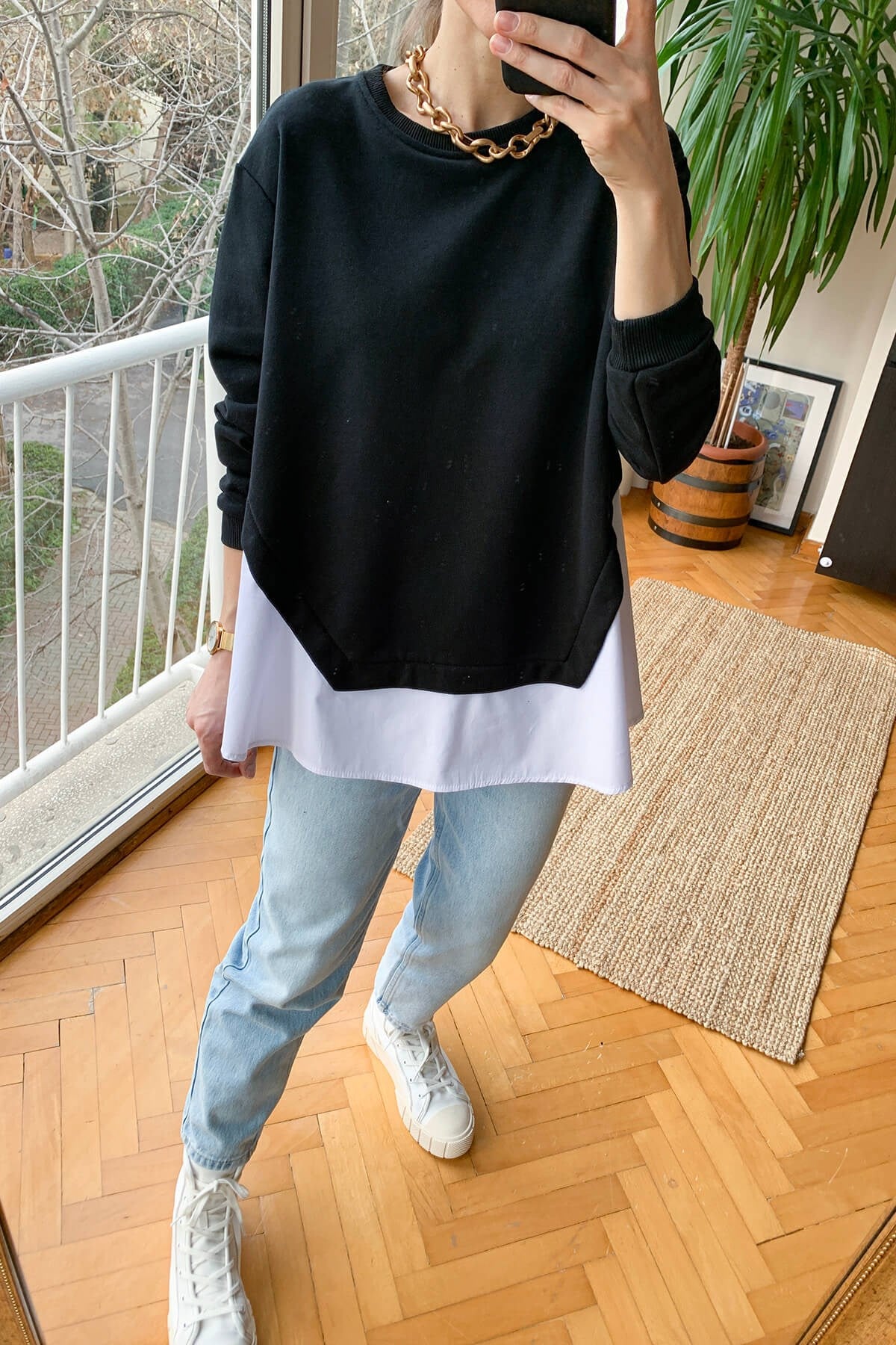Siyah Poplin Detay Sweatshirt