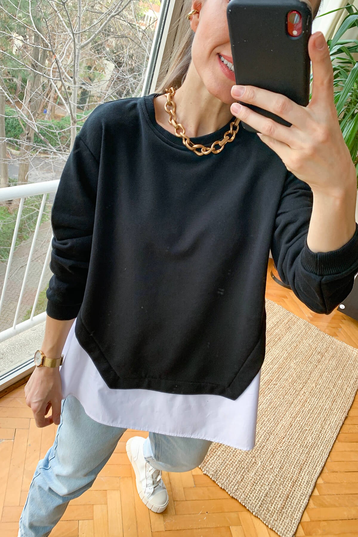 Siyah Poplin Detay Sweatshirt