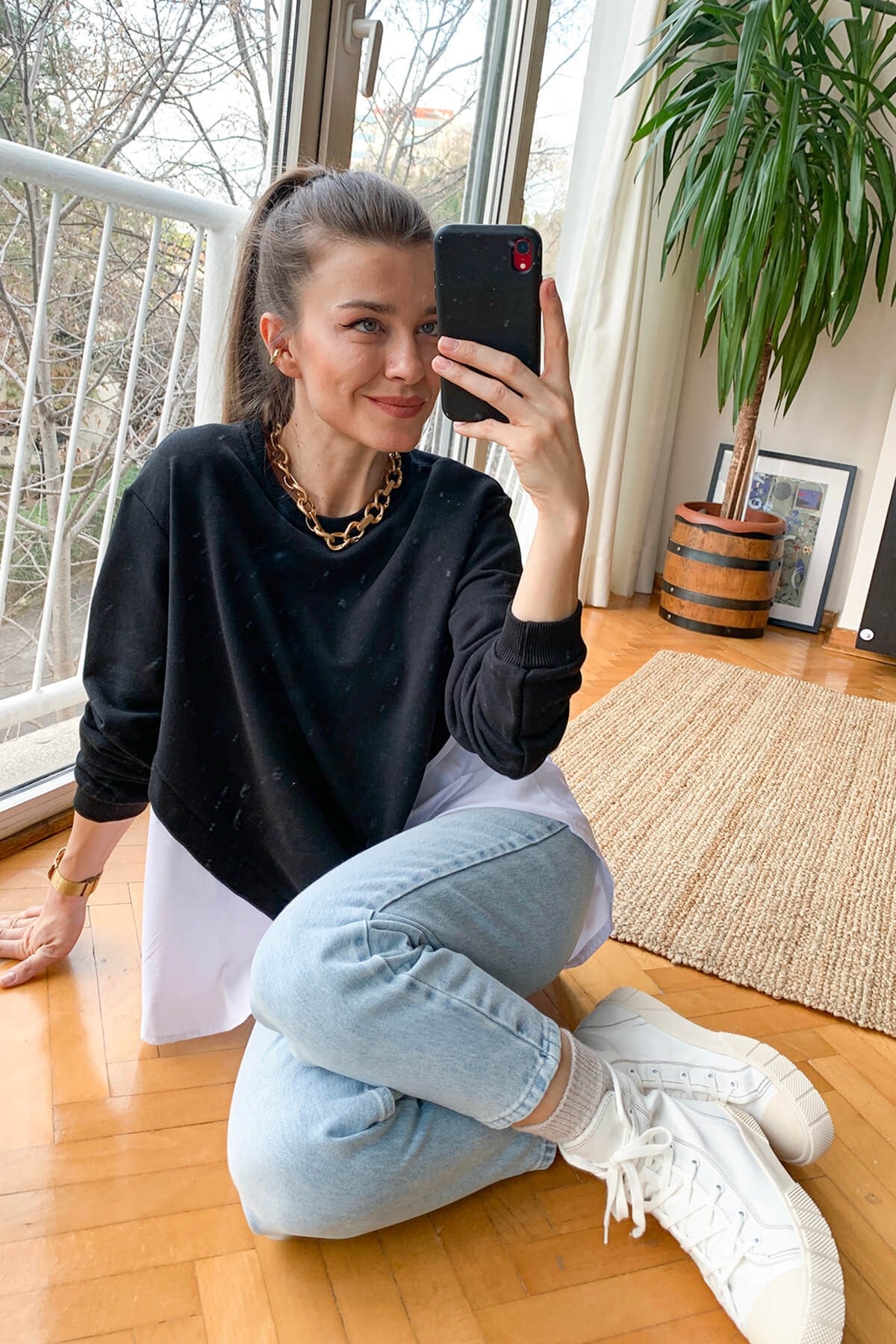 Siyah Poplin Detay Sweatshirt