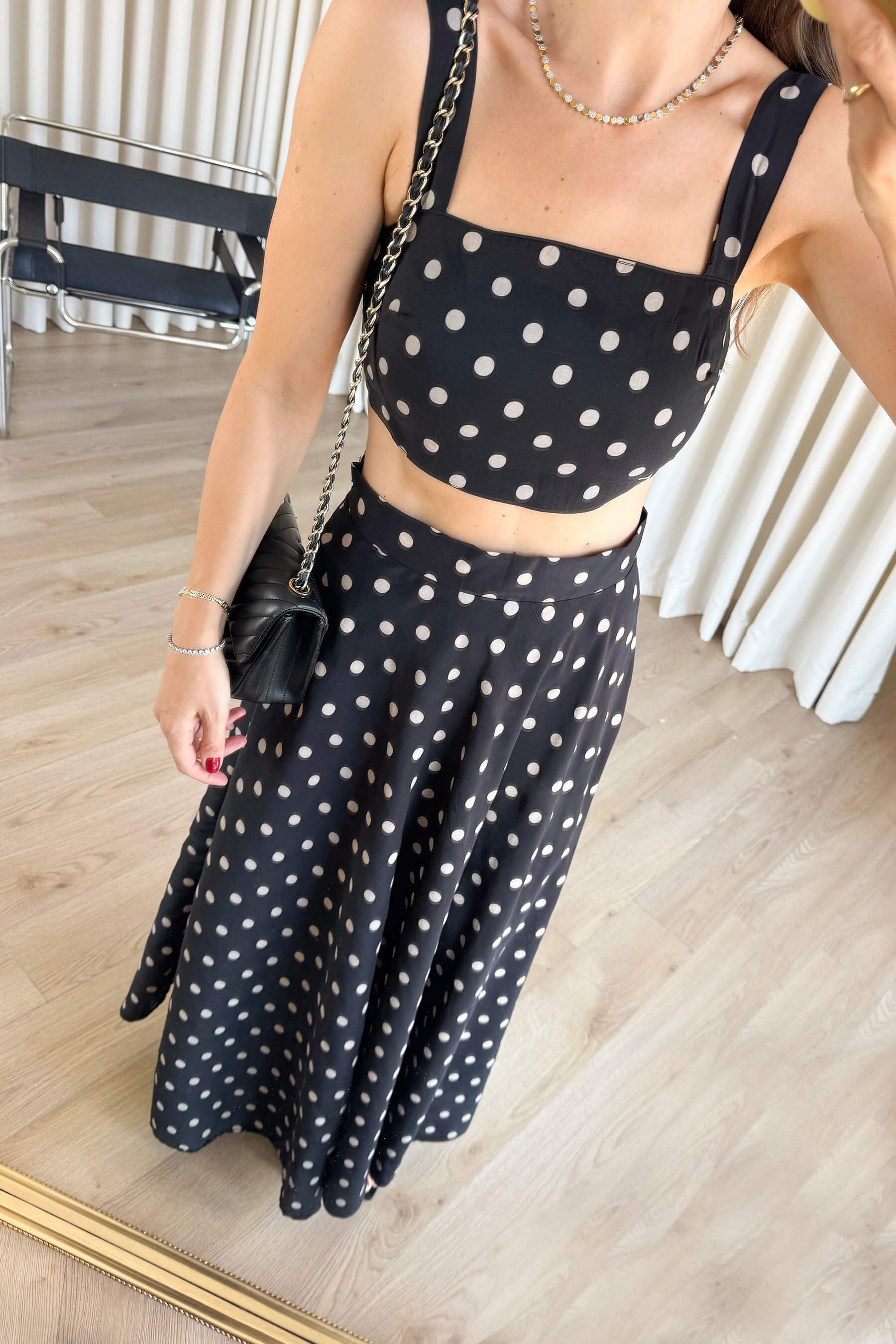 Siyah Puantiyeli Askılı Crop Bluz Etek Takım