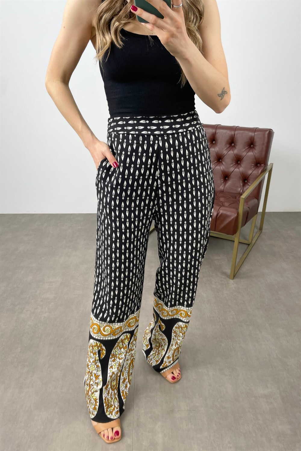 Siyah Şal Desen Kimono Pantolon Takım
