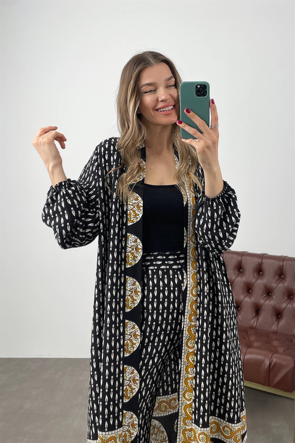 Siyah Şal Desen Kimono Pantolon Takım