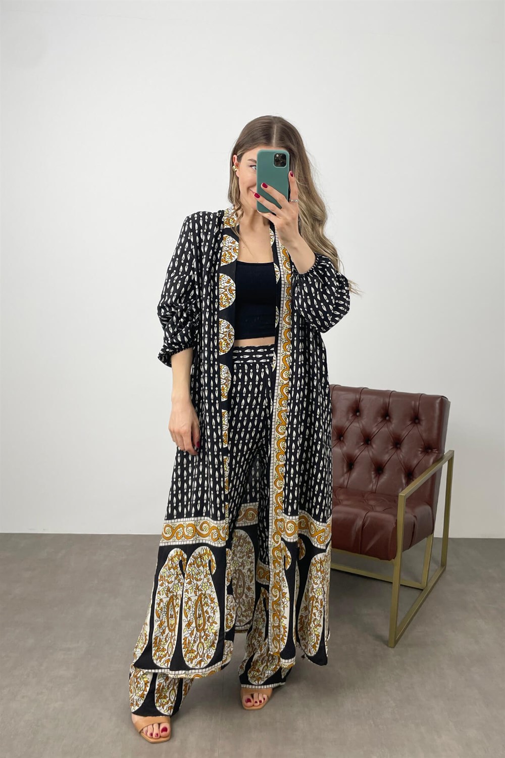 Siyah Şal Desen Kimono Pantolon Takım