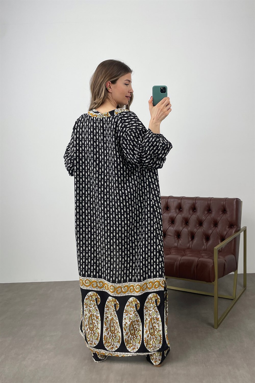 Siyah Şal Desen Kimono Pantolon Takım