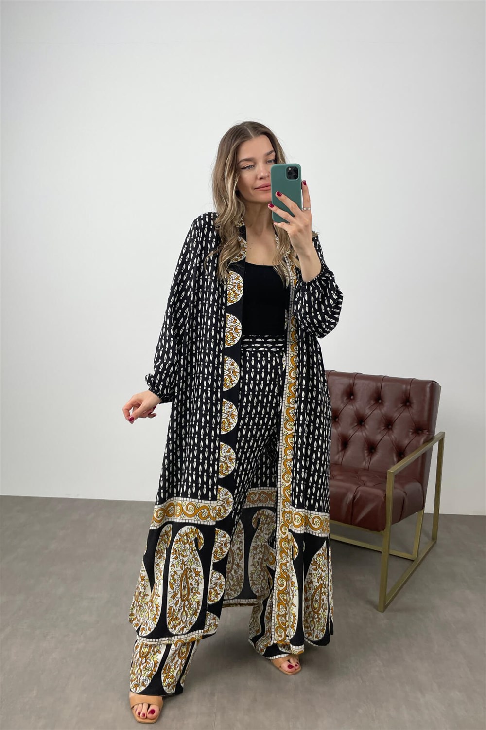 Siyah Şal Desen Kimono Pantolon Takım
