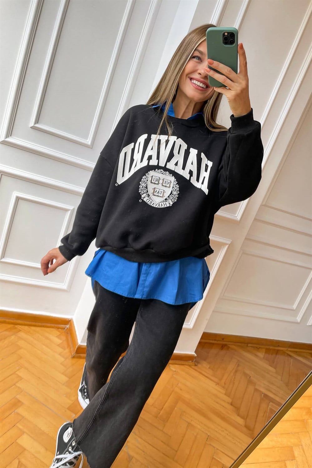 Siyah Şardonlu Harvard Baskılı Sweatshirt