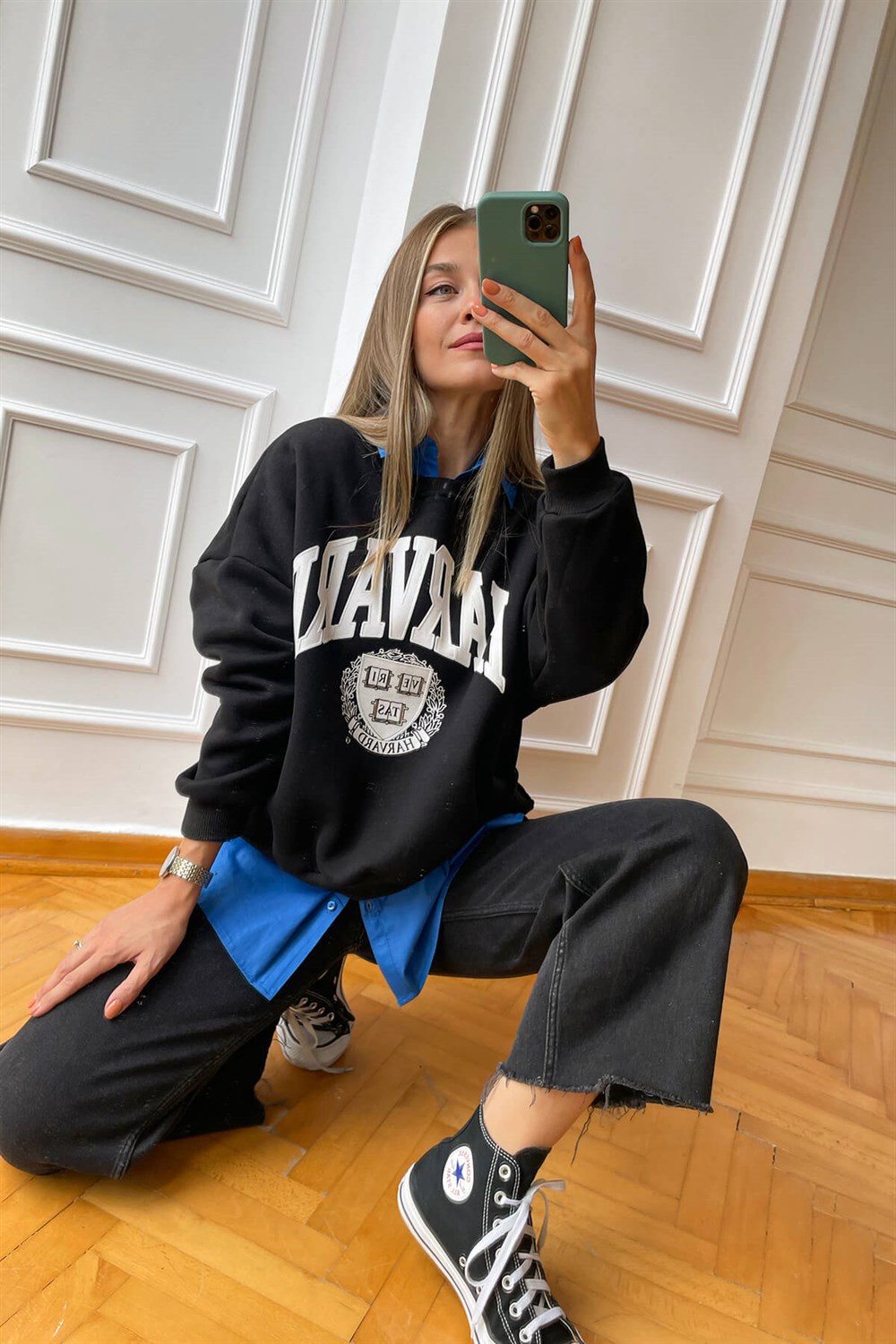 Siyah Şardonlu Harvard Baskılı Sweatshirt