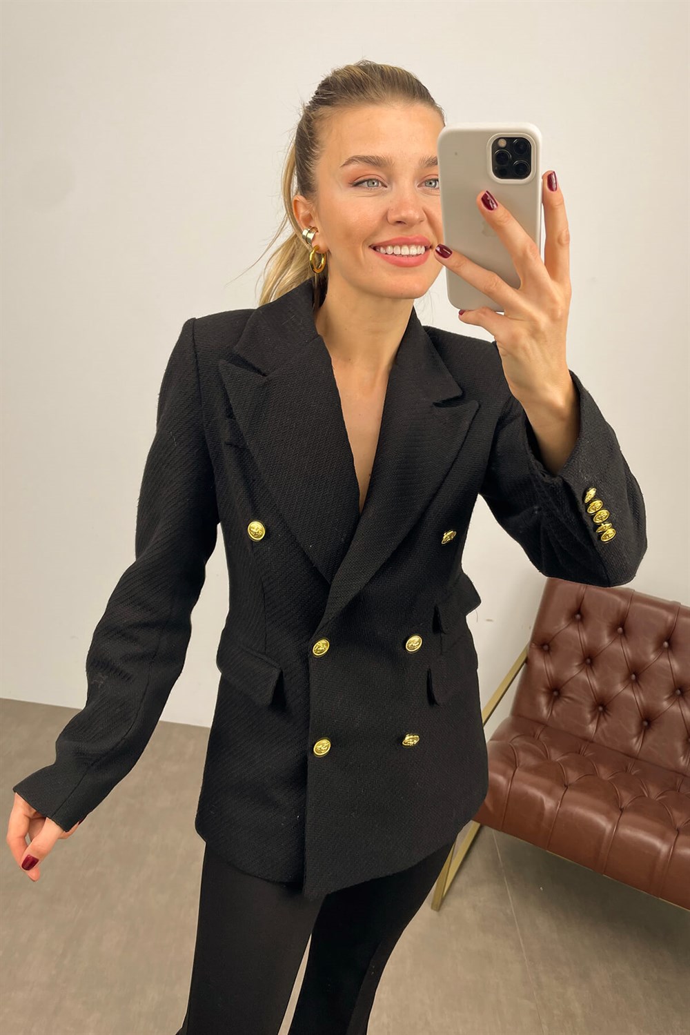 Siyah Sarı Düğmeli KruvazeYaka Yün Blazer Ceket