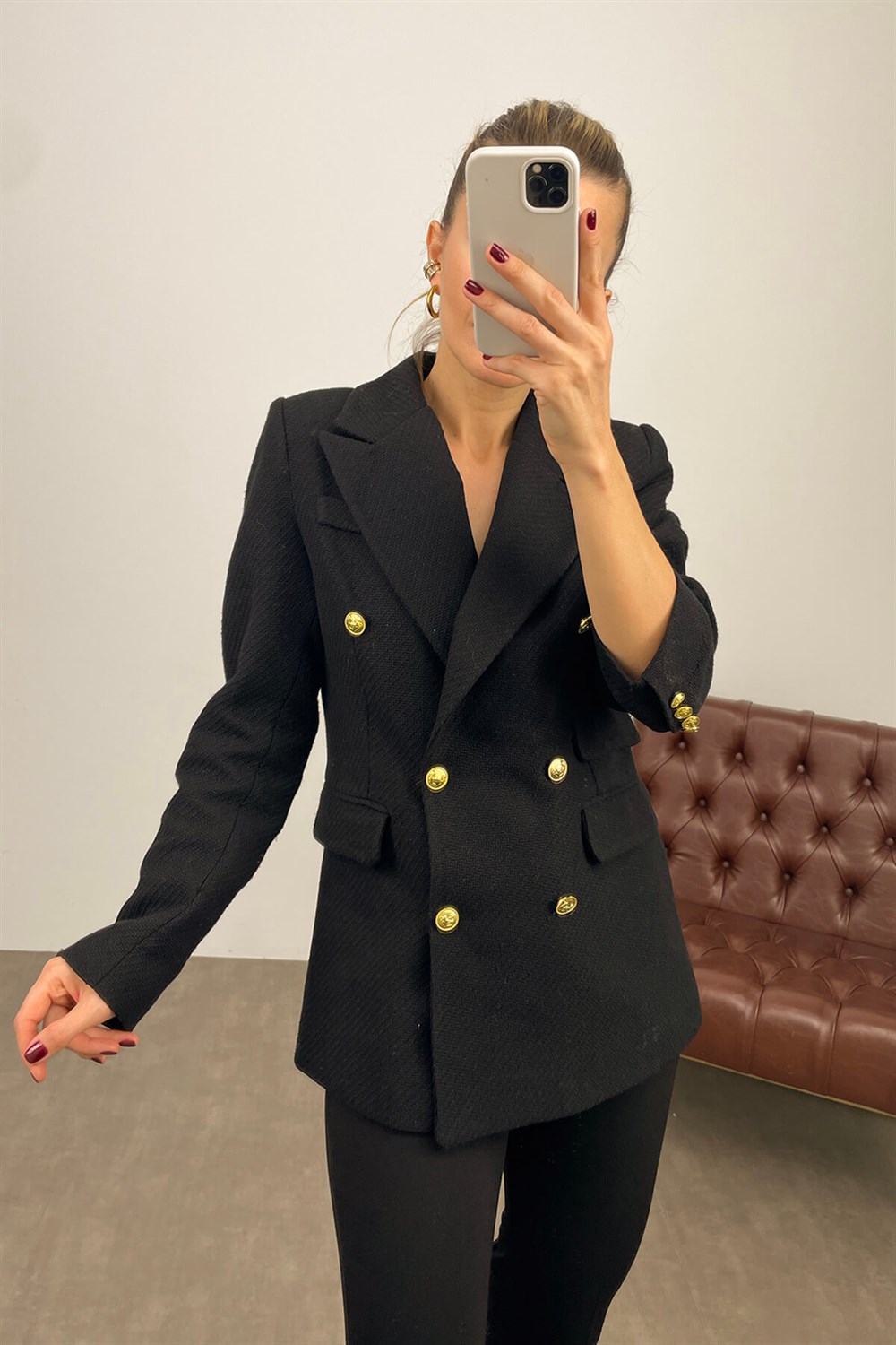 Siyah Sarı Düğmeli KruvazeYaka Yün Blazer Ceket