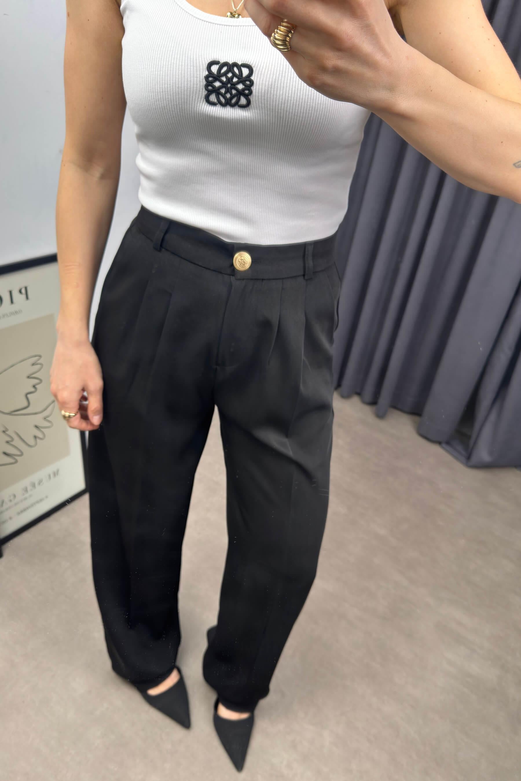 Siyah Yüksek Bel Beli Lastikli Pileli Pantolon