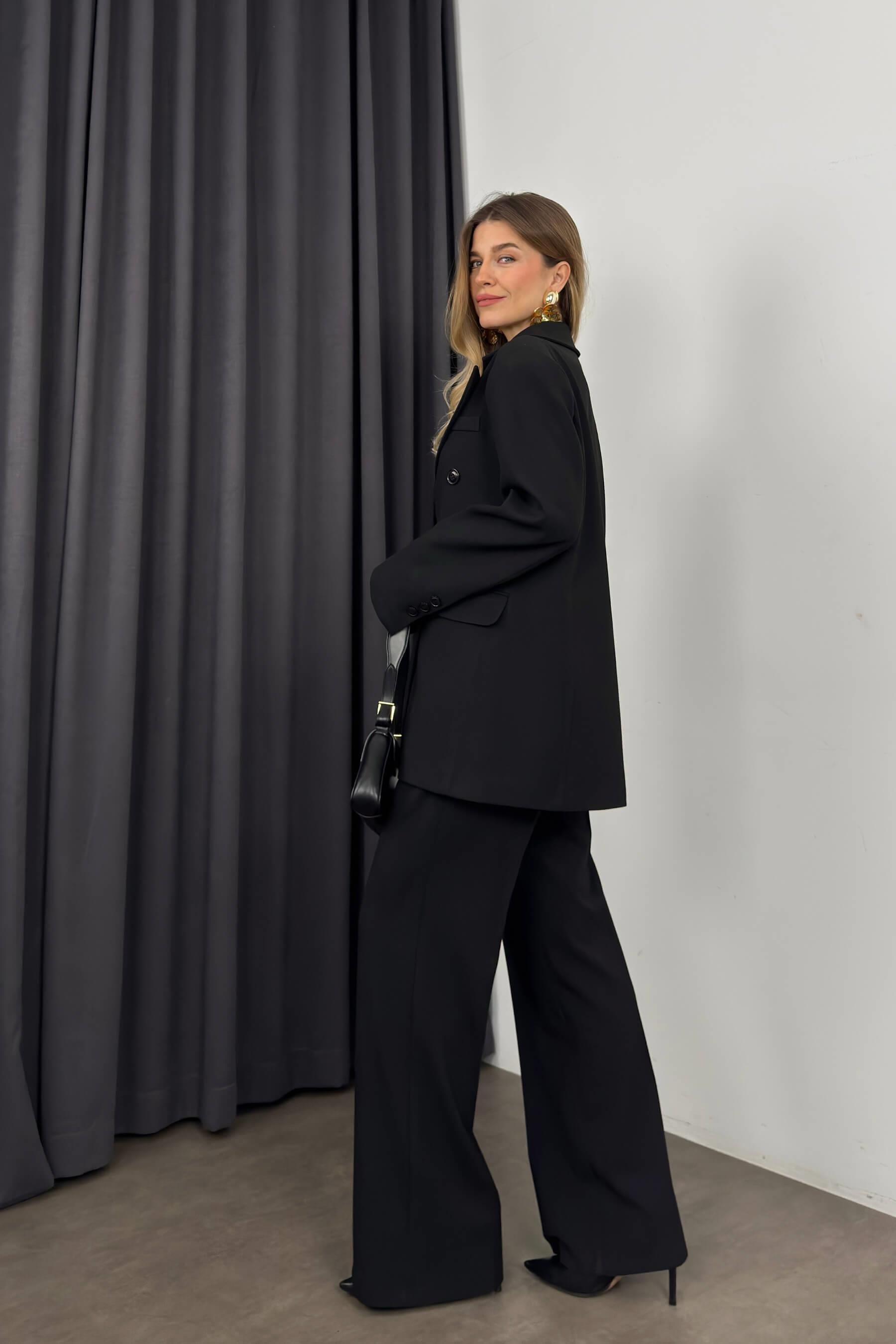 Siyah Yüksek Bel Pantolon Ceket Oversize Takım