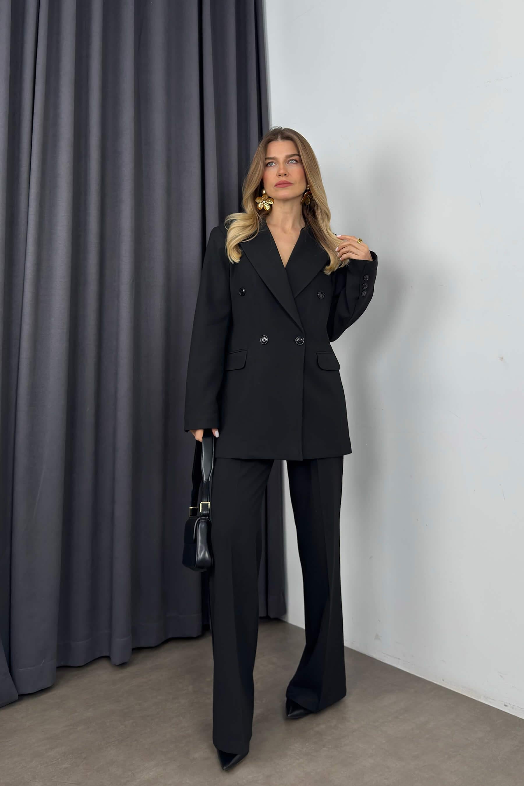 Siyah Yüksek Bel Pantolon Ceket Oversize Takım