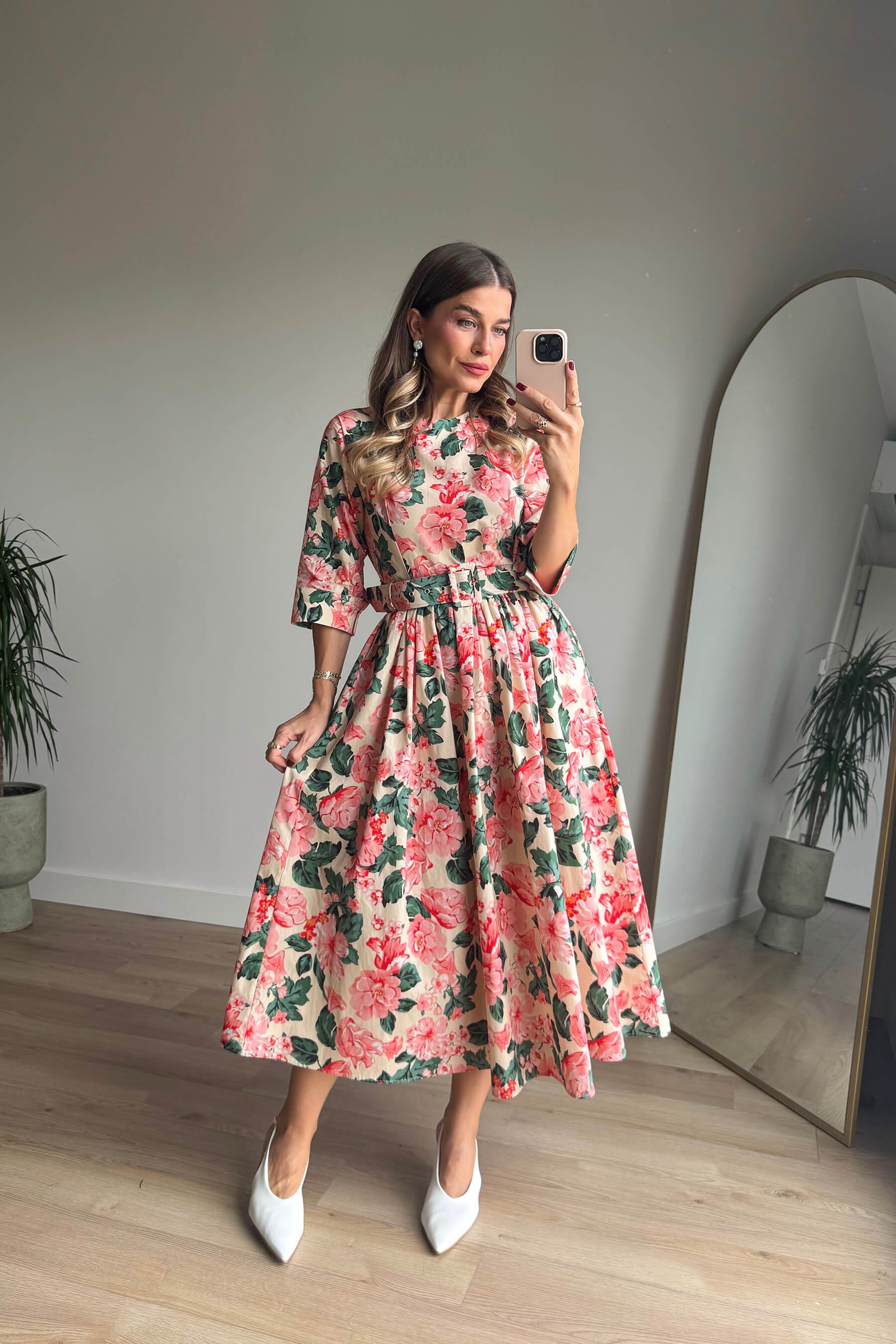 Somon Çiçekli Bisiklet Yaka Kemerli Elbise