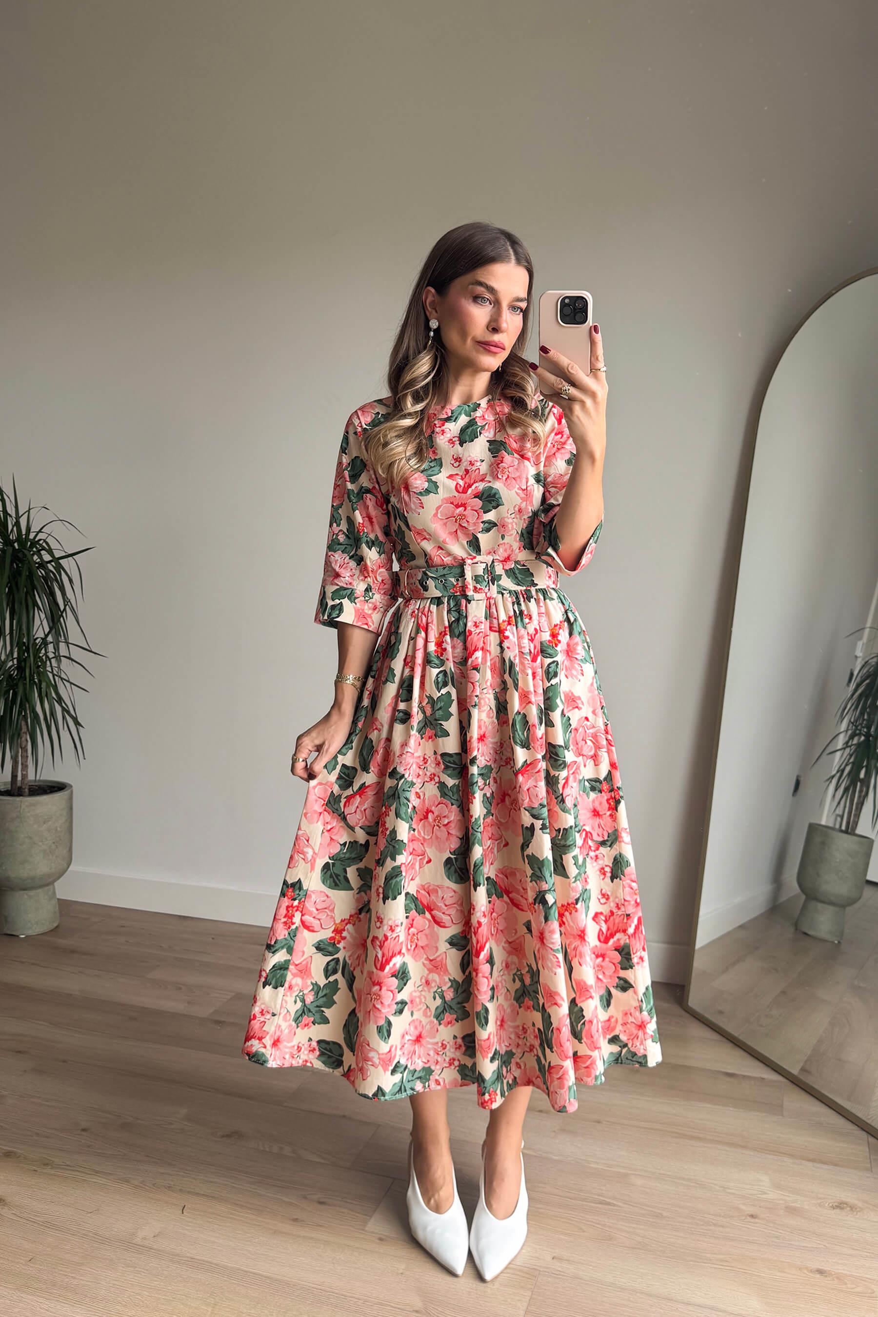 Somon Çiçekli Bisiklet Yaka Kemerli Elbise