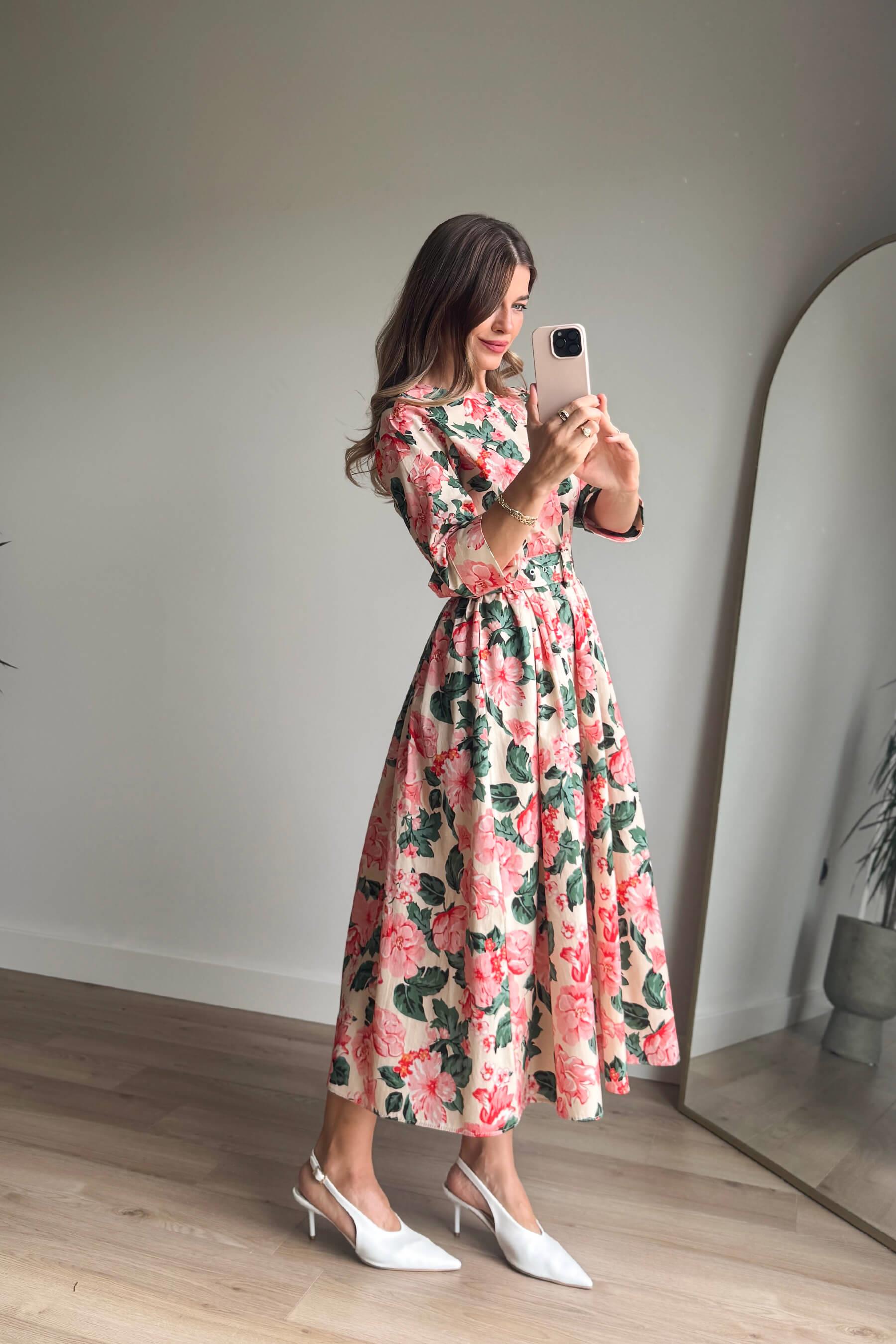 Somon Çiçekli Bisiklet Yaka Kemerli Elbise