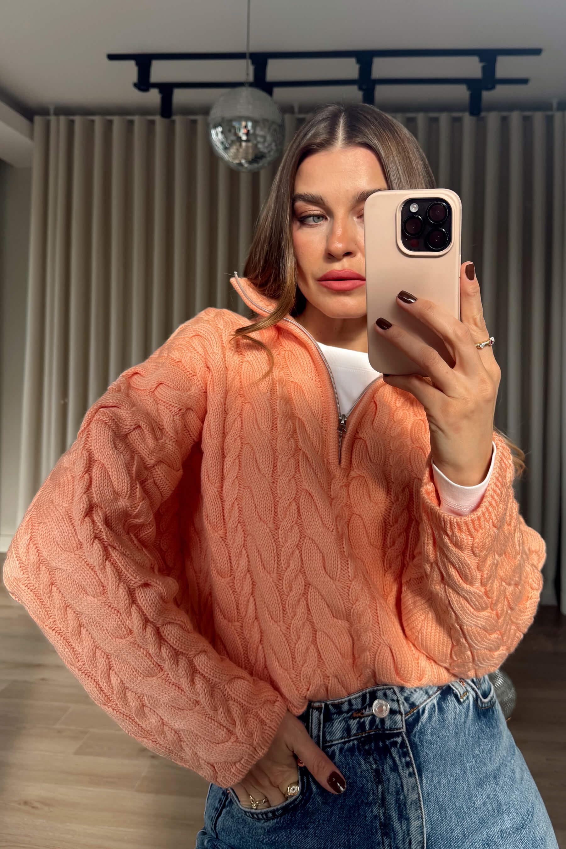 Somon Fermuarlı Saç Örgü Kazak