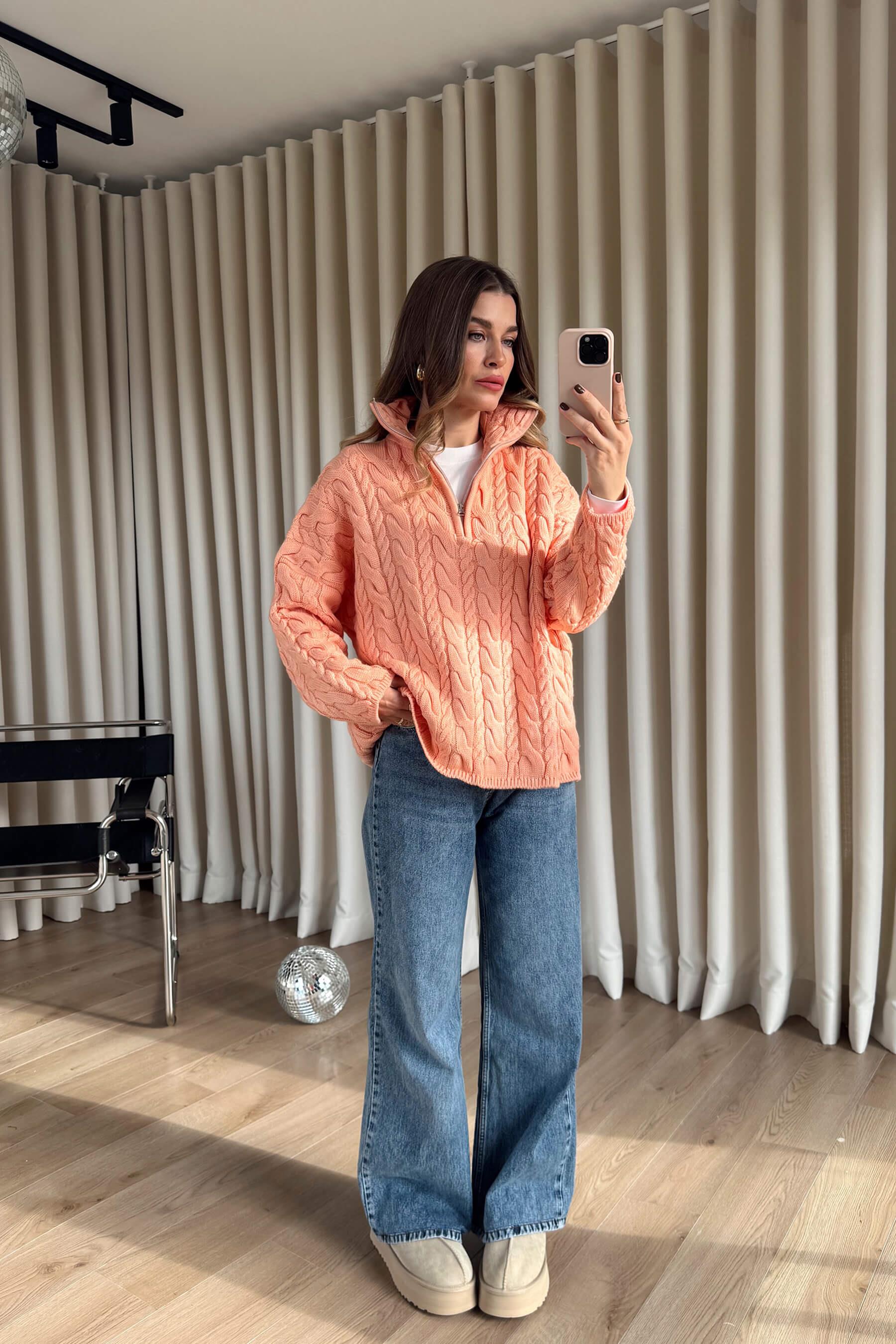 Somon Fermuarlı Saç Örgü Kazak