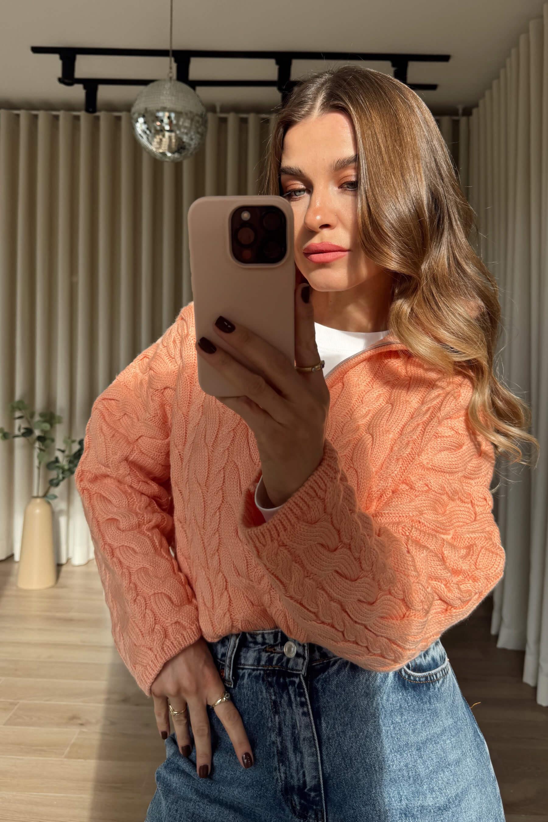 Somon Fermuarlı Saç Örgü Kazak