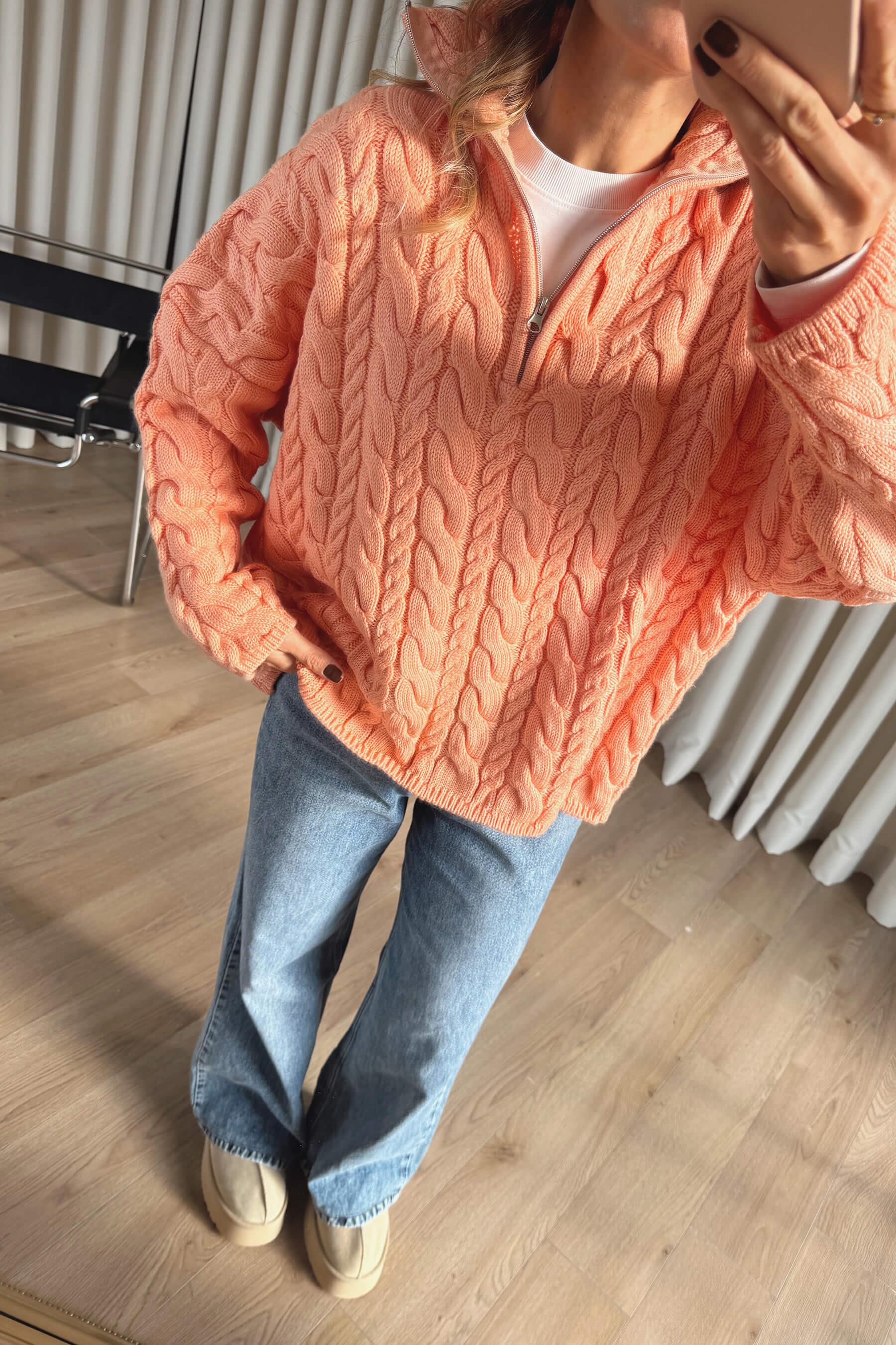 Somon Fermuarlı Saç Örgü Kazak