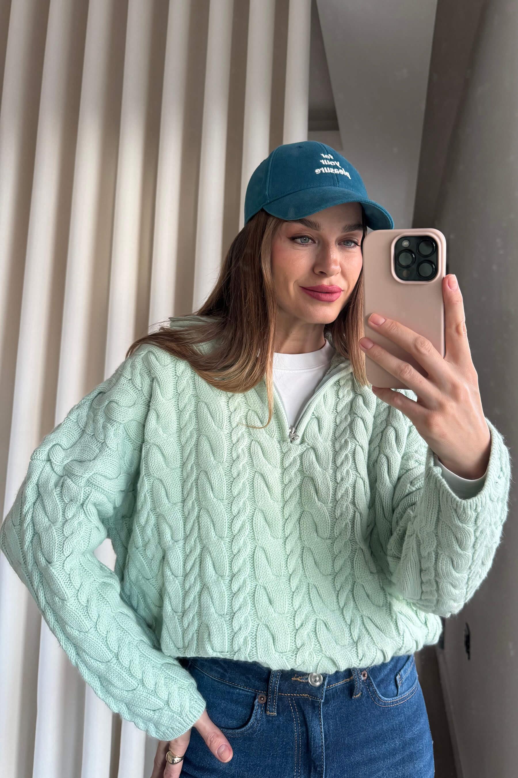 Su Yeşili Fermuarlı Saç Örgü Kazak