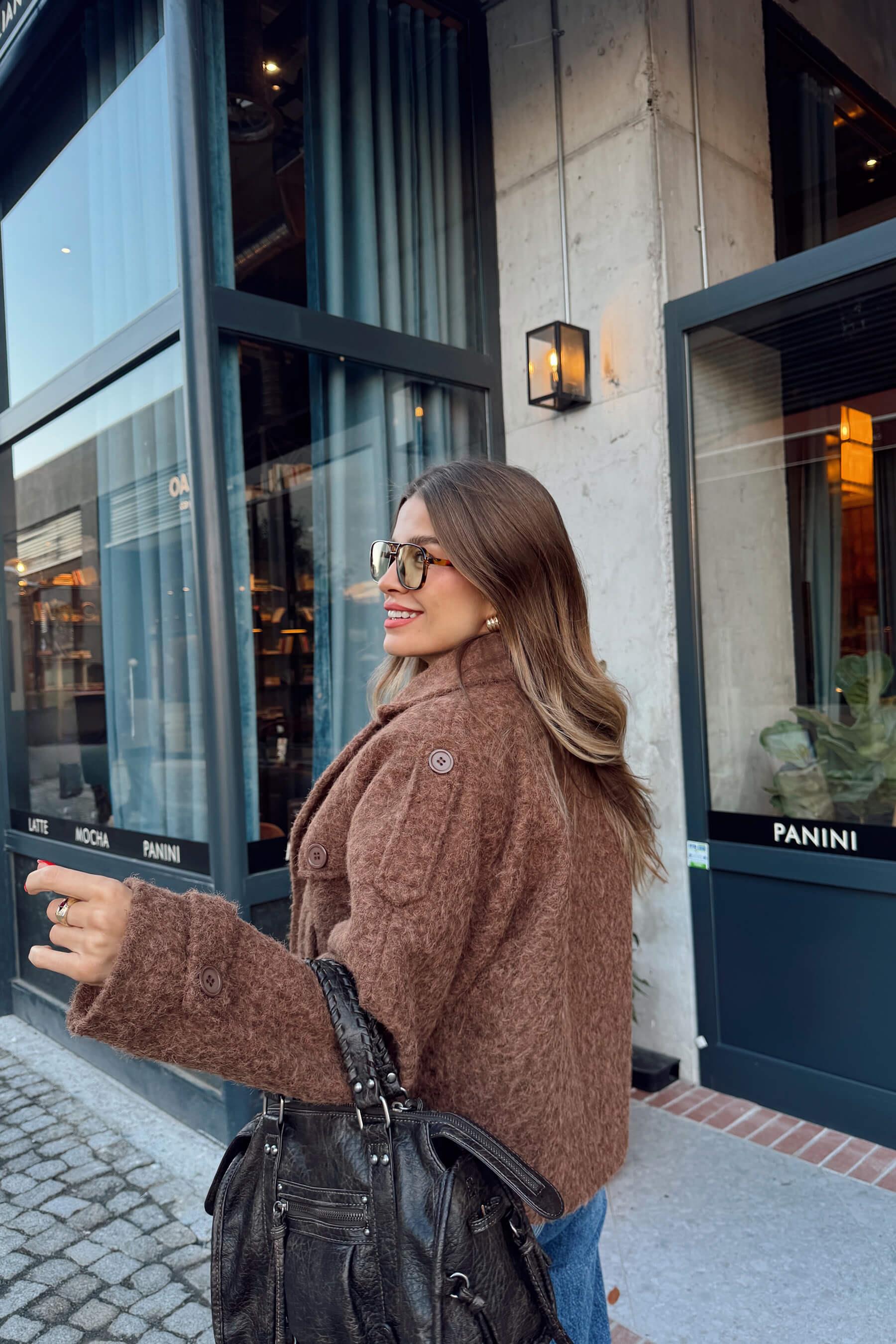 Sütlü Kahve Apoletli Cep Detay Astarlı Yünlü Mont