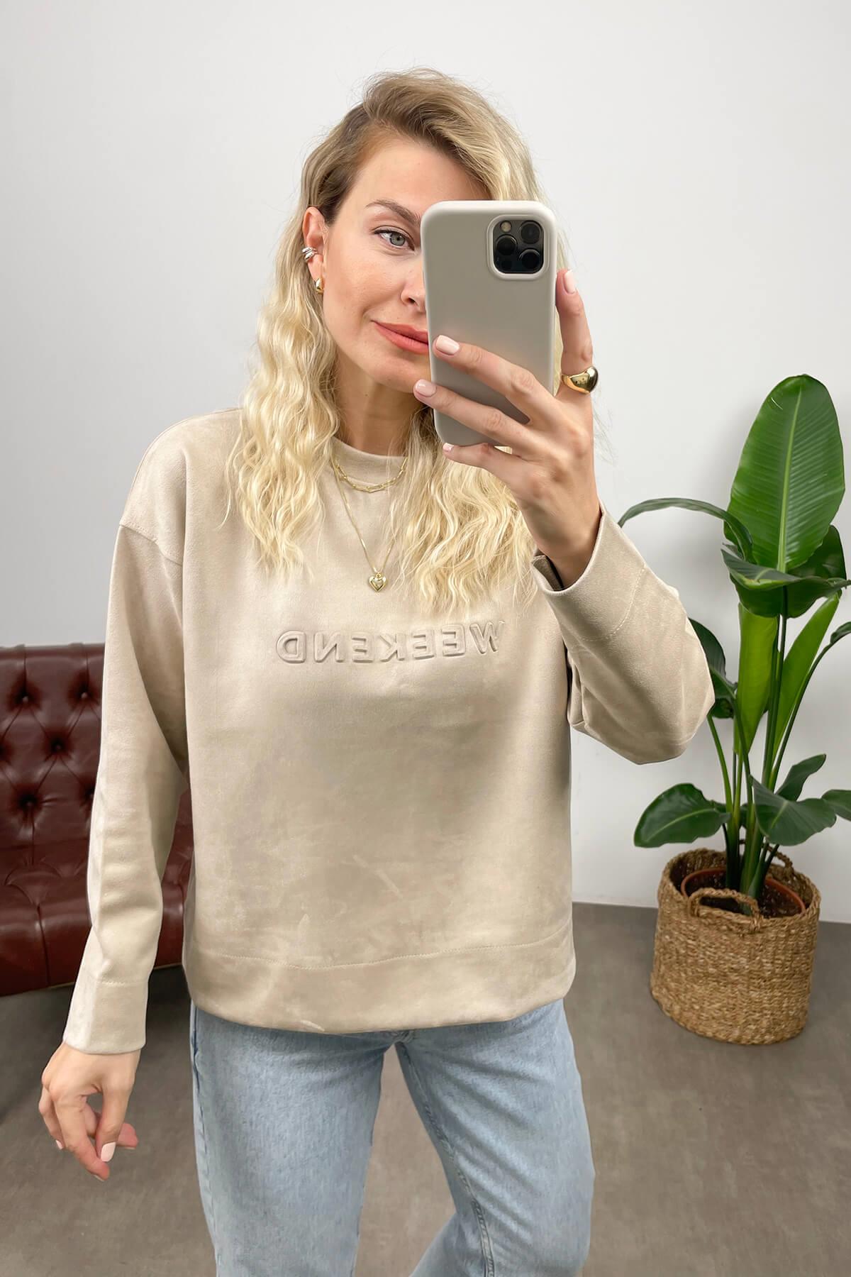 Sütlü Kahve Bisiklet Yaka Baskılı Sweatshirt