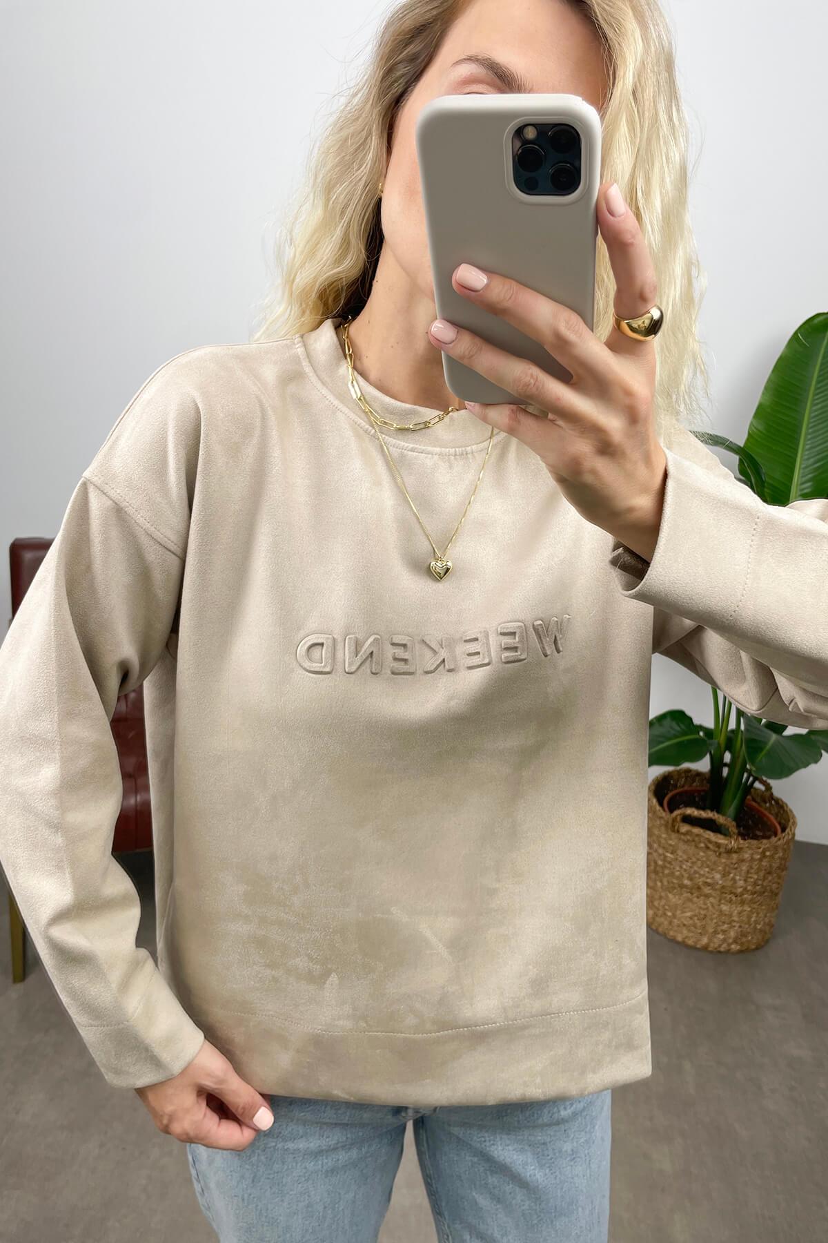 Sütlü Kahve Bisiklet Yaka Baskılı Sweatshirt