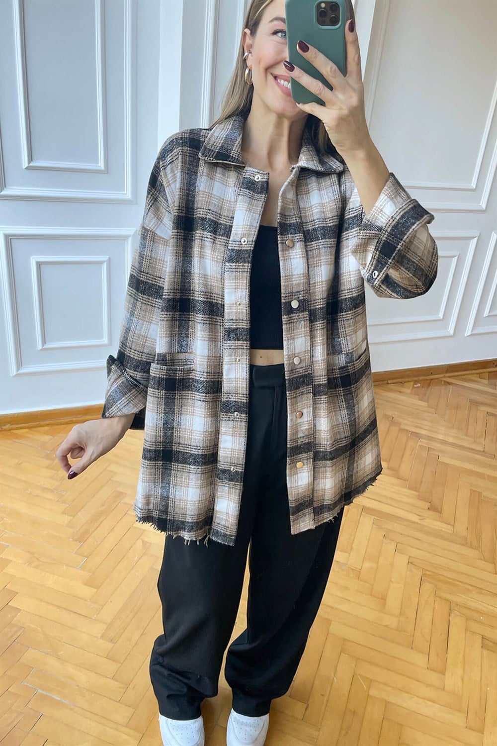 Sütlü Kahve Ekoseli Çıtçıtlı Oduncu Gömleği