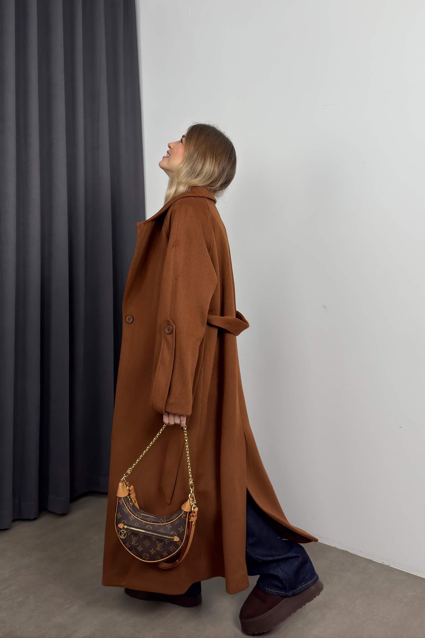 Taba Balıksırtı Model Kuşaklı Astarlı Oversize Yün Kaban