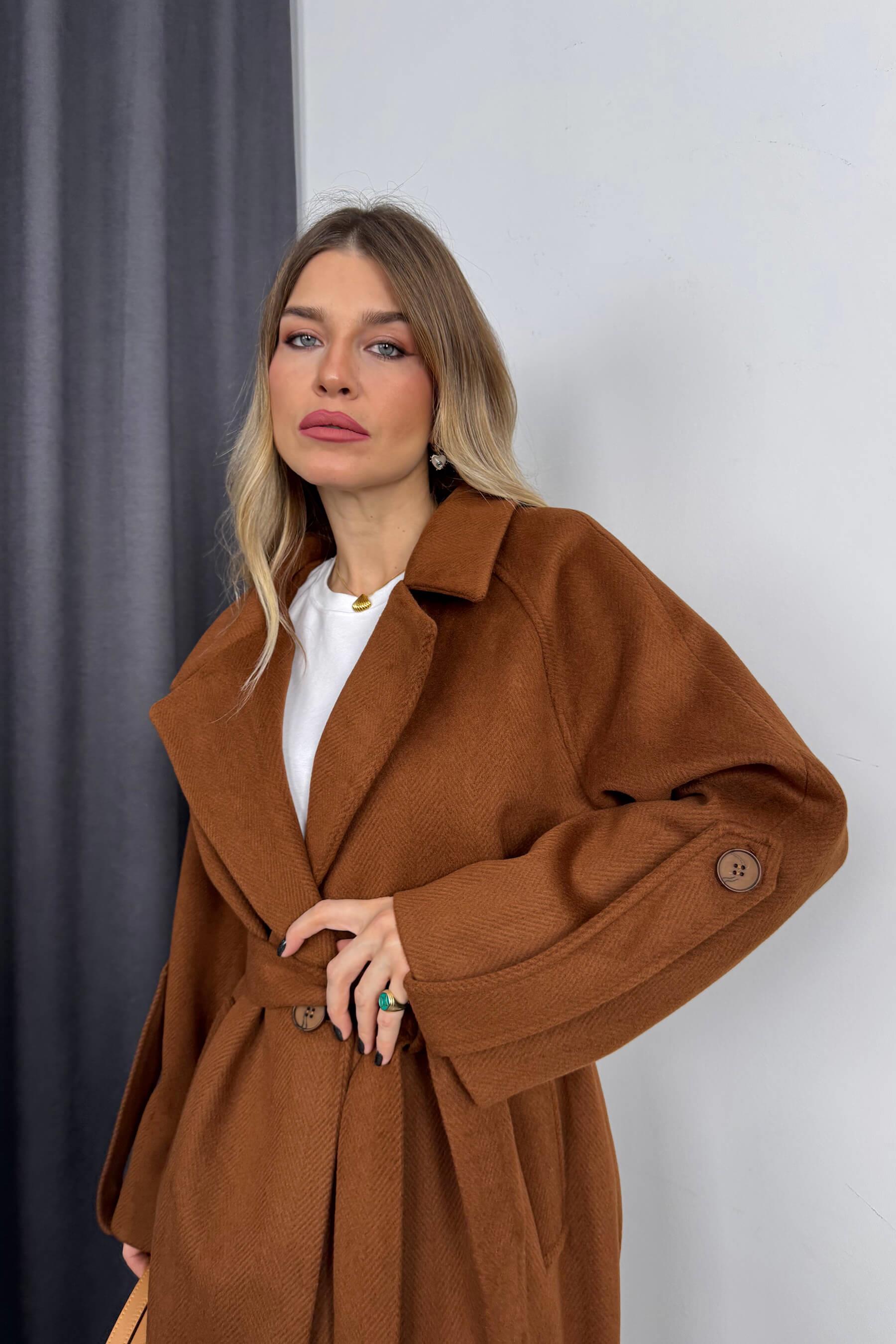 Taba Balıksırtı Model Kuşaklı Astarlı Oversize Yün Kaban