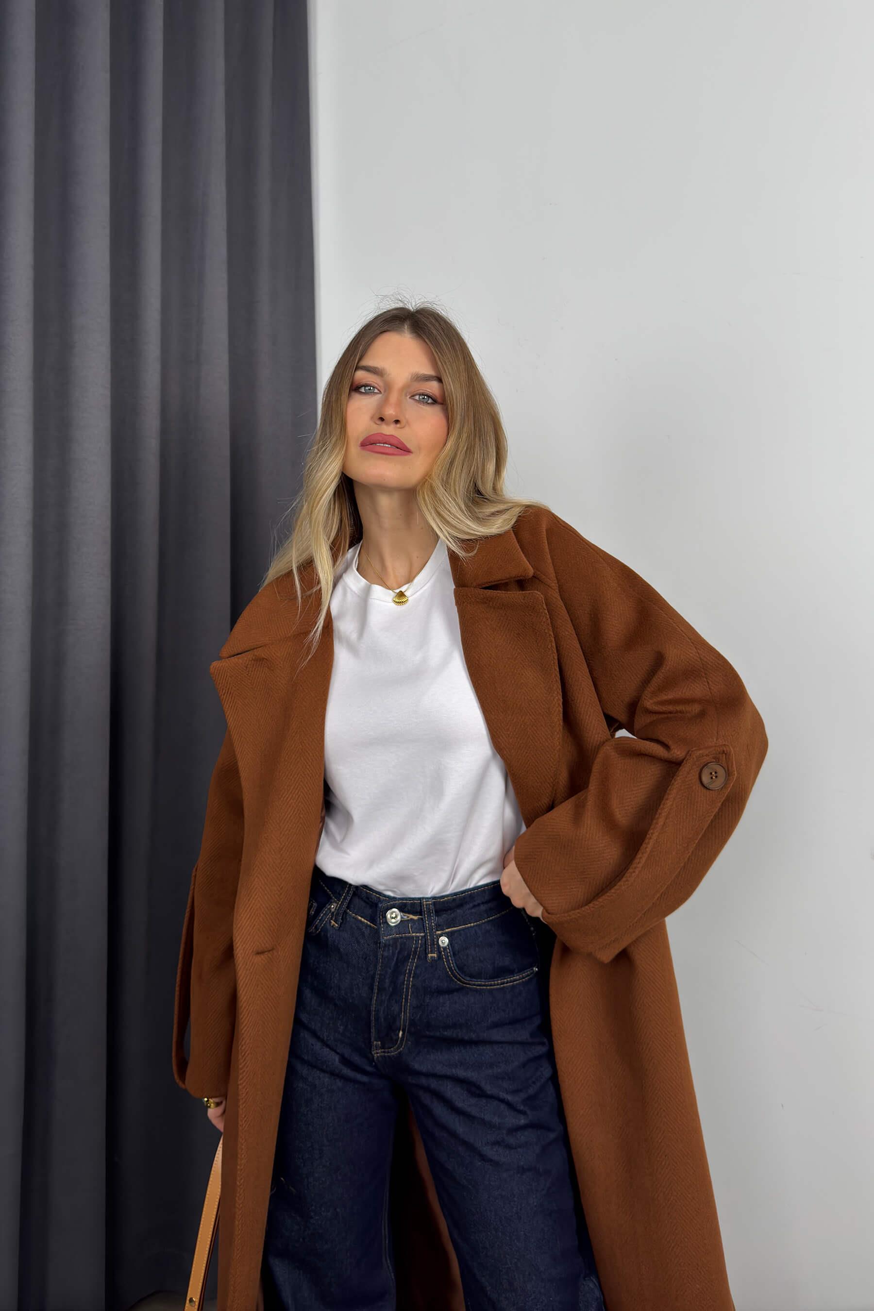 Taba Balıksırtı Model Kuşaklı Astarlı Oversize Yün Kaban