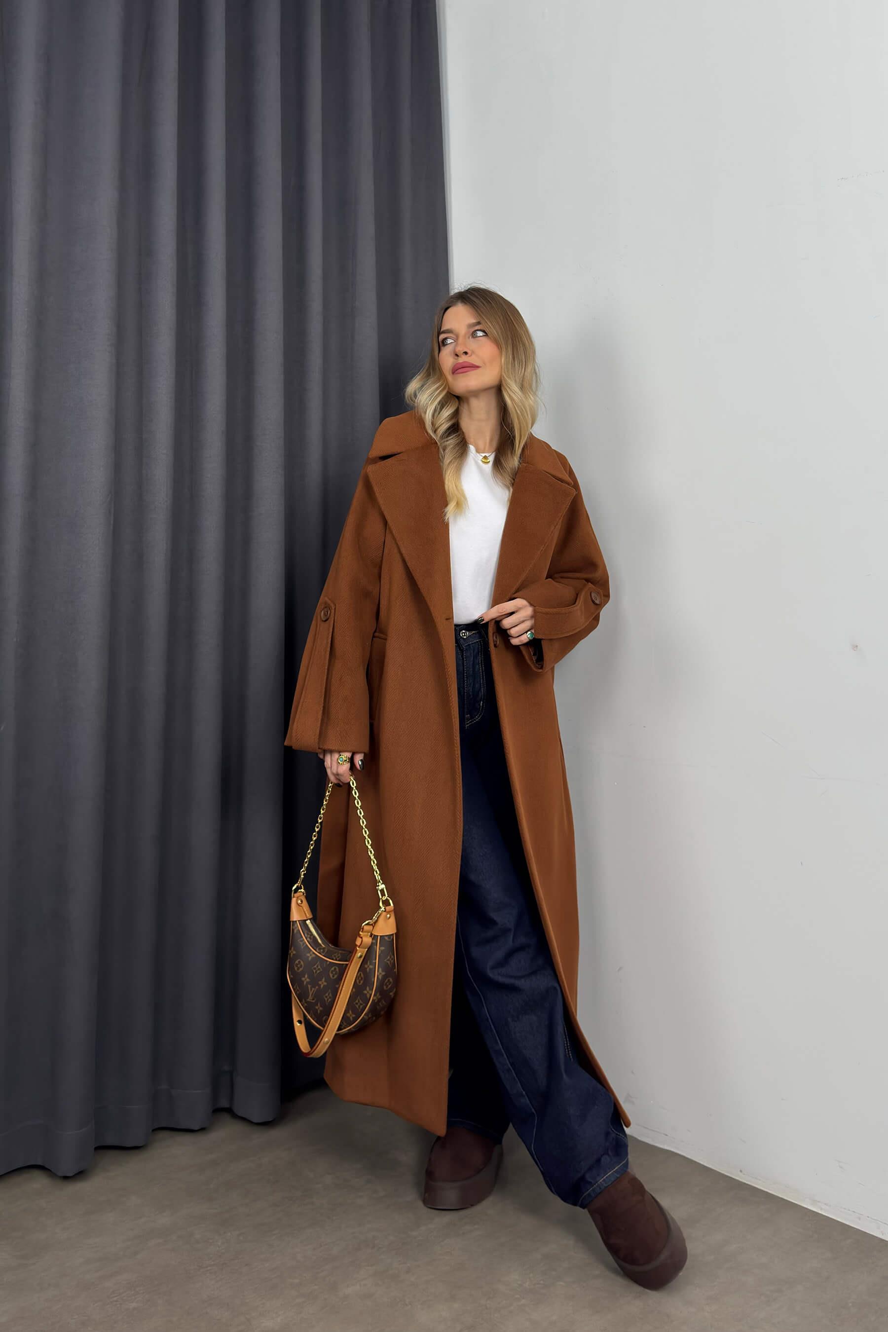 Taba Balıksırtı Model Kuşaklı Astarlı Oversize Yün Kaban