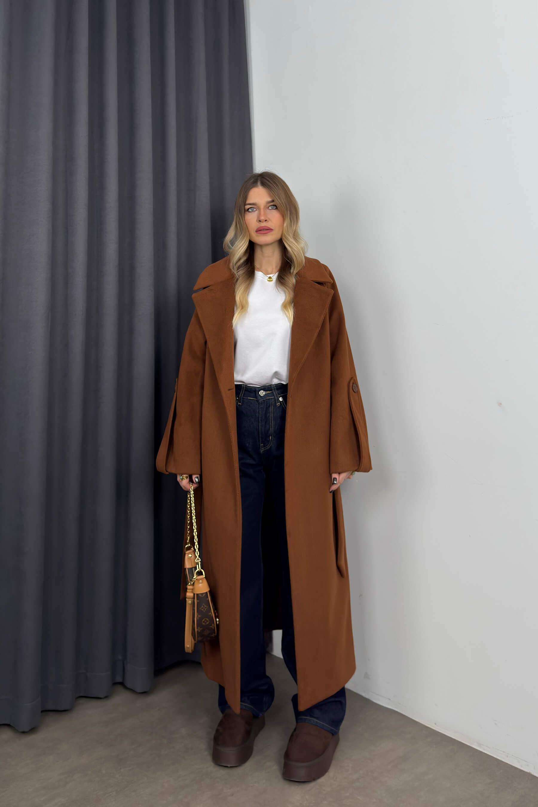 Taba Balıksırtı Model Kuşaklı Astarlı Oversize Yün Kaban