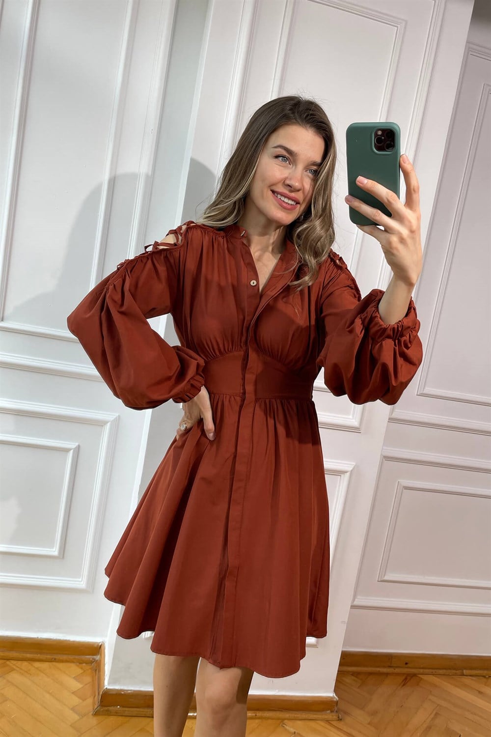 Taba Omuz Detay Astarlı Poplin Elbise