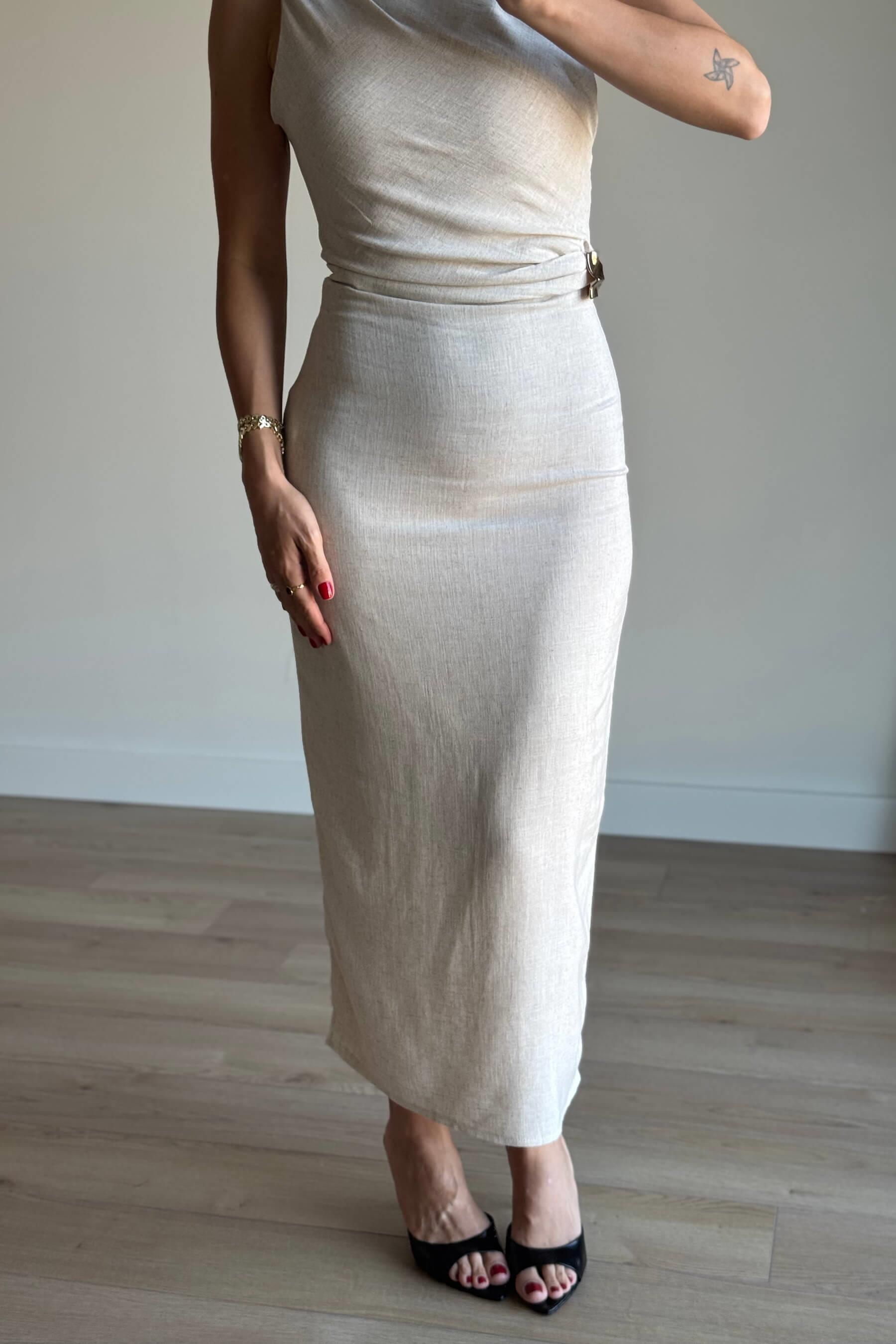 Taş Rengi Beli Tokalı Astarlı Yırtmaçlı Keten Elbise