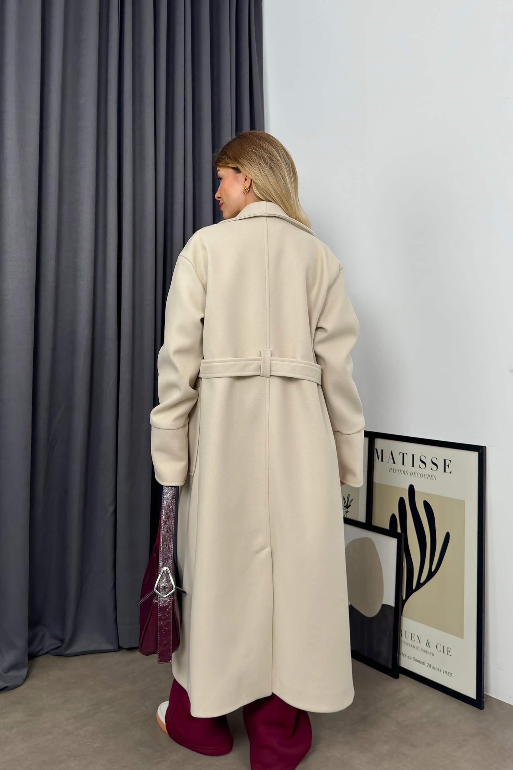 Taş Rengi Çift Cepli Astarlı Kuşaklı Oversize Kaşe Kaban