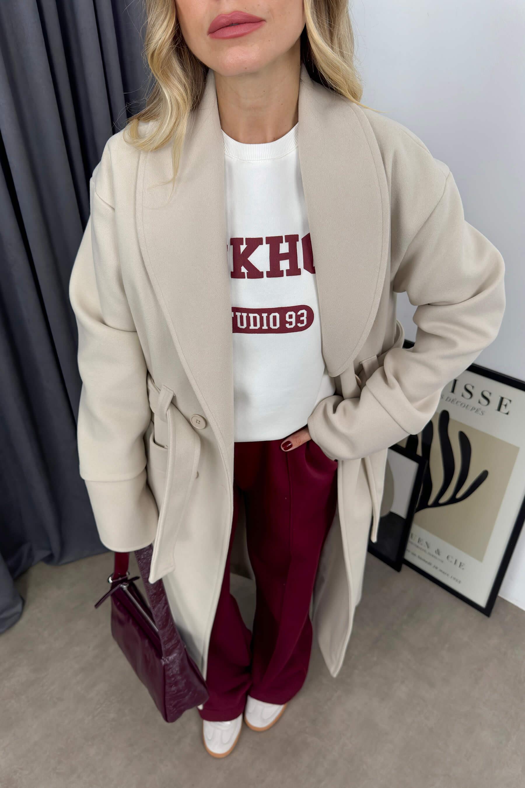 Taş Rengi Çift Cepli Astarlı Kuşaklı Oversize Kaşe Kaban