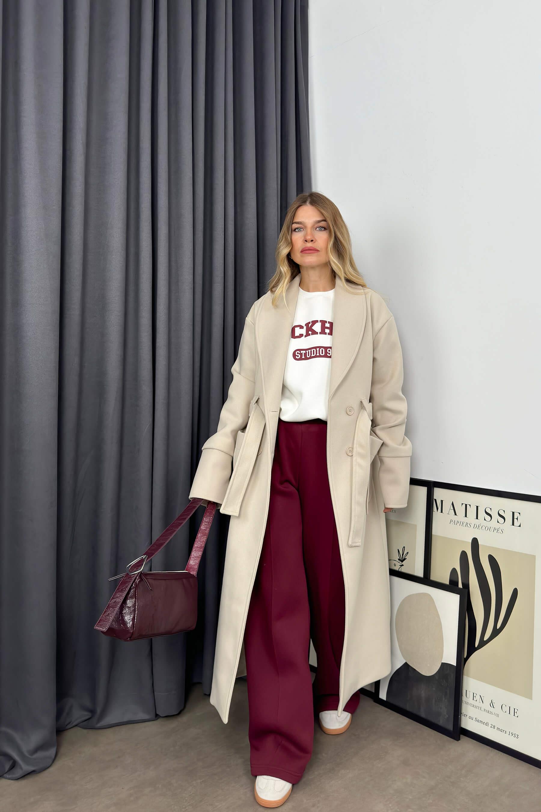 Taş Rengi Çift Cepli Astarlı Kuşaklı Oversize Kaşe Kaban