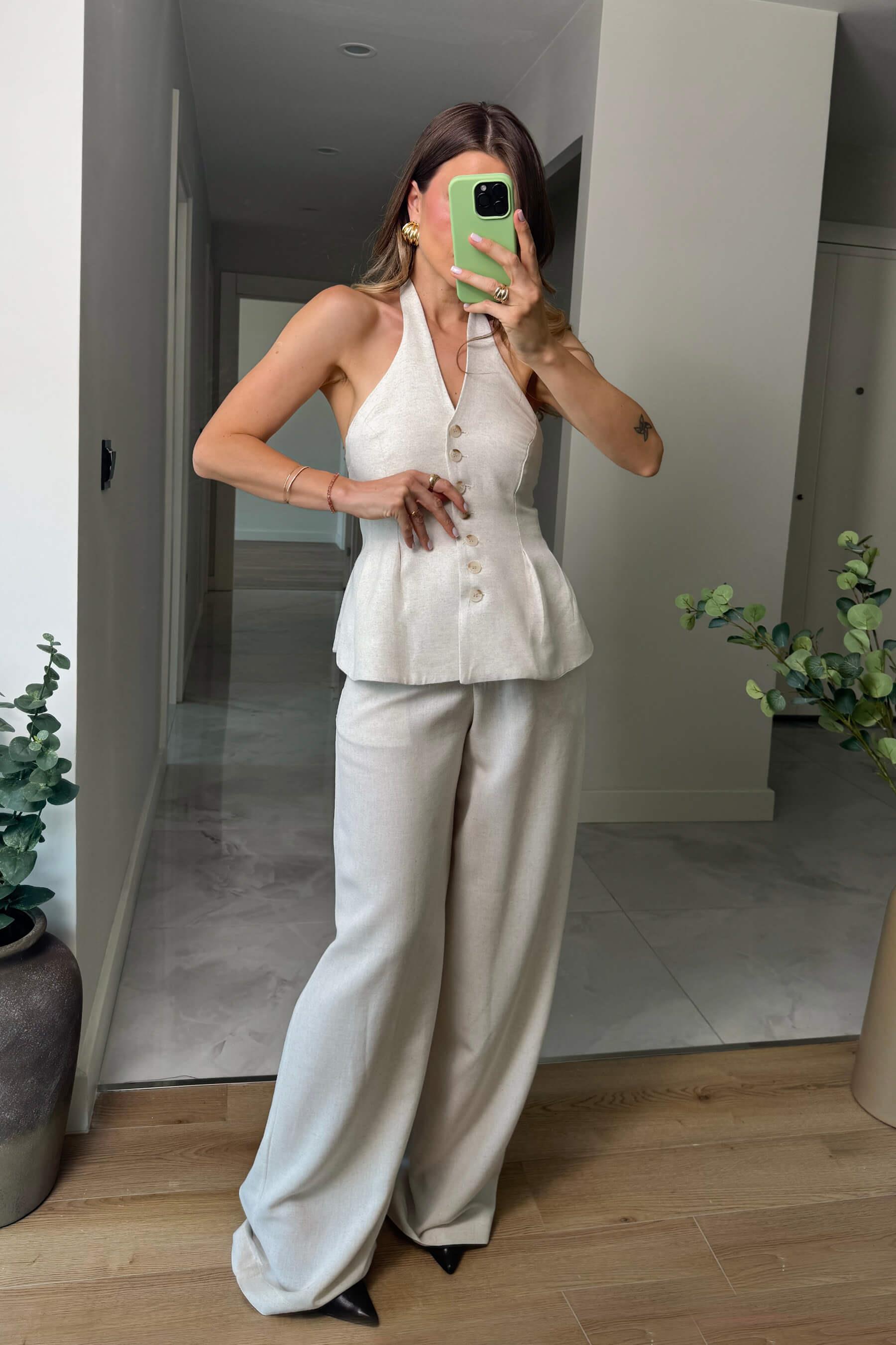 Taş Rengi Düğmeli Pantolon Bluz Keten Takım